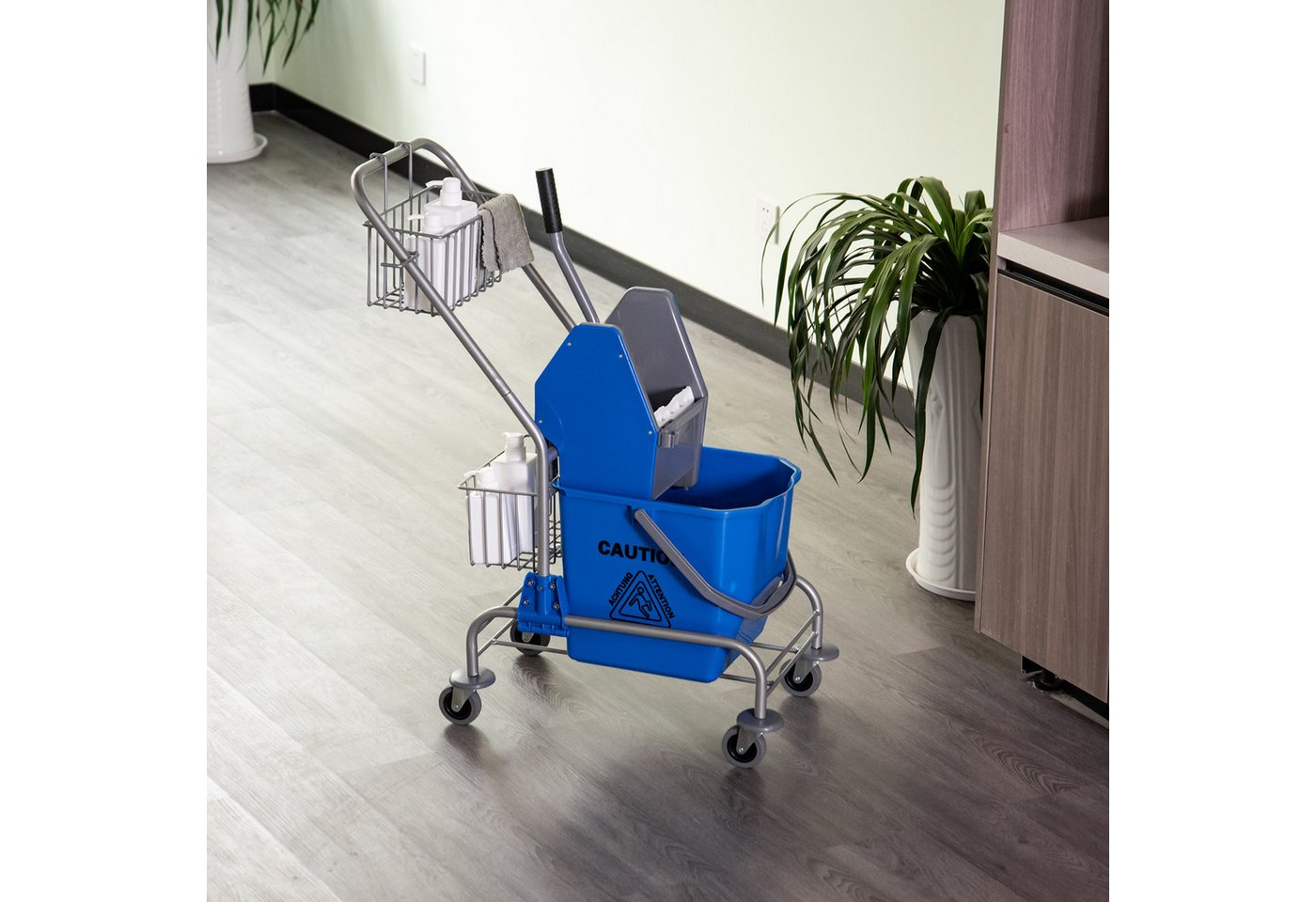 HOMCOM Putzwagen Reinigungswagen Wischwagen mit Wringer, Haushaltswagen blau, (Set, 1-St., Reinigungswagen mit Eimer und Auspresser), 26L Eimer, 2 Werkzeugkörbe, 4 Rollen, Mopphalter