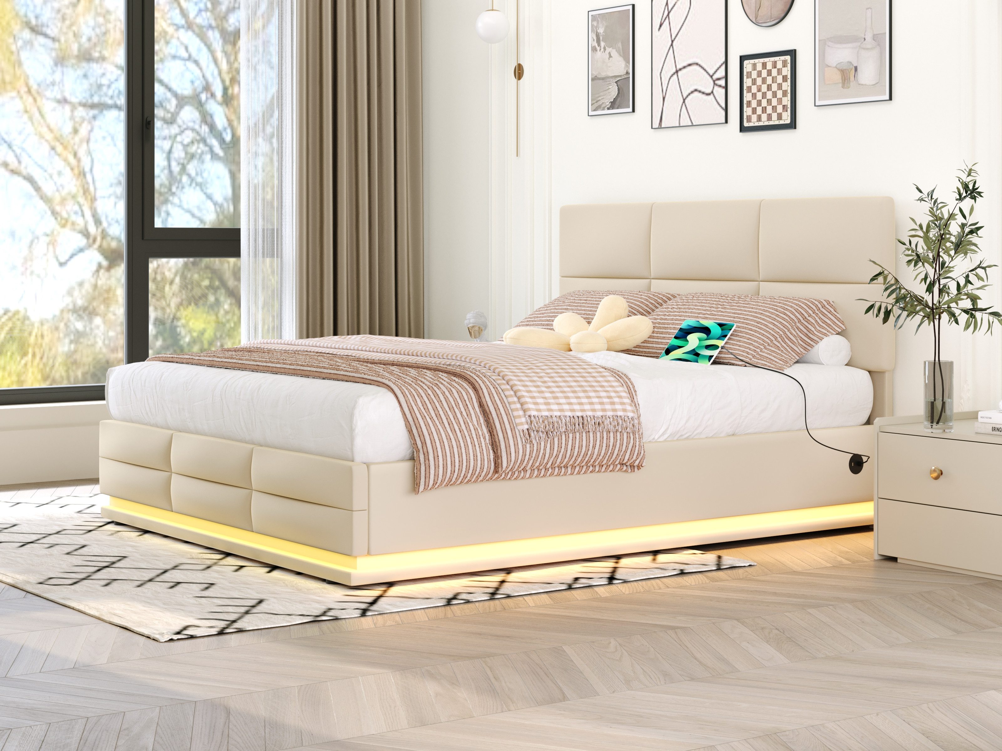 Merax Polsterbett, mit Bettkasten und LED, Staurambett 160x200cm, Doppelbett mit USB