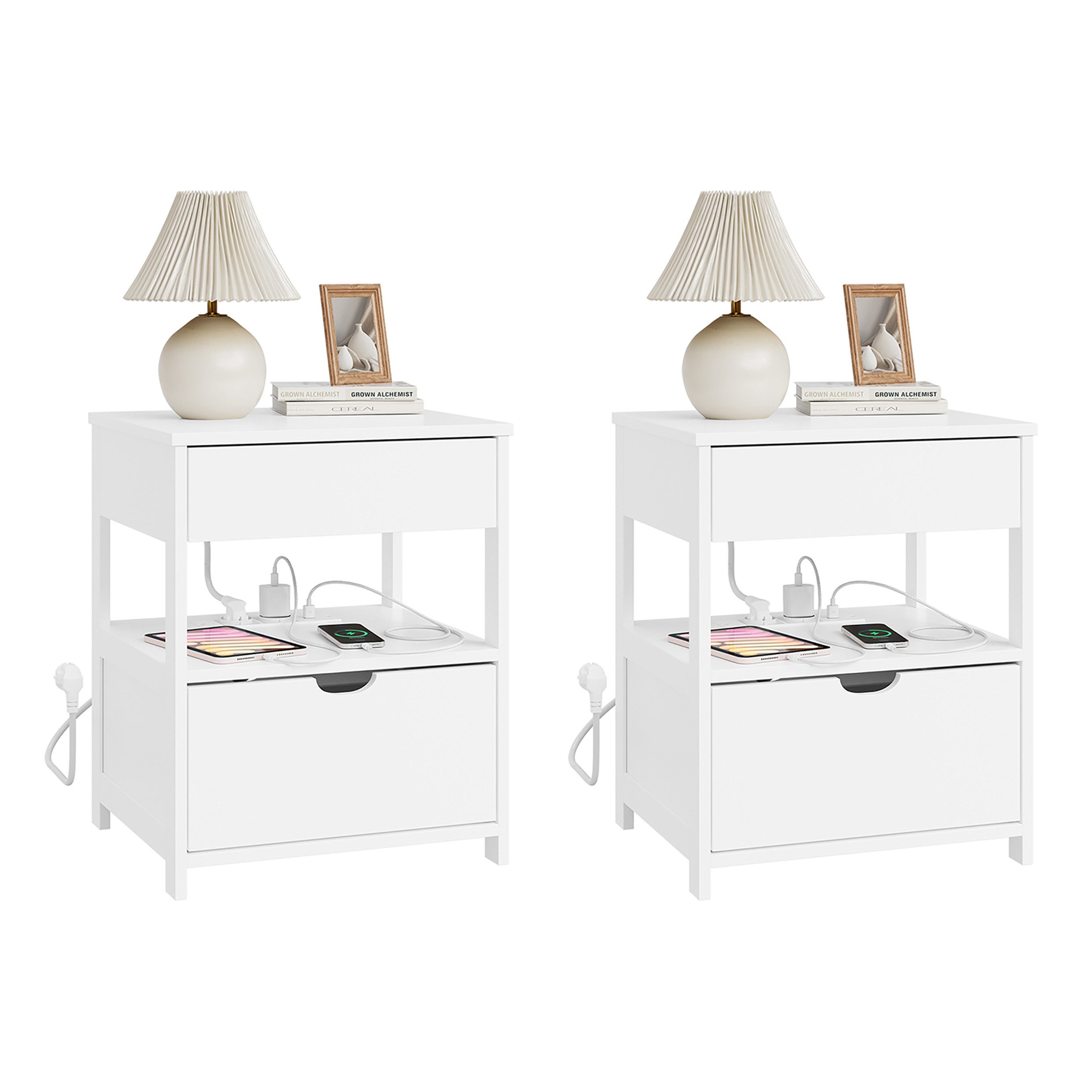 SoBuy Beistelltisch FRG258, Nachttisch schmal, Nachtschrank mit Schubladen Nachtkommode, mit 4-in-1 Ladefunktion & Ablage, Schlafzimmer Wohnzimmer Jugendliche