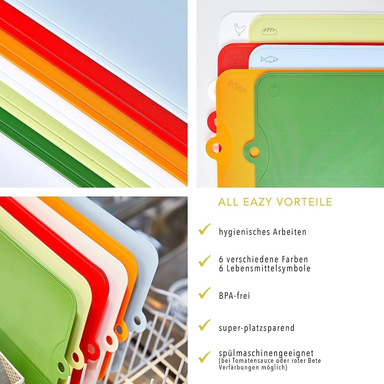 ALL EAZY Home & Kitchen Schneidebrett ALL EAZY HOME & KITCHEN Schneidebretter 6er Set bunt BPA-frei, Kunststoff, (Set, 6-St., 6 Schneidebretter), Lasche zum Aufhängen