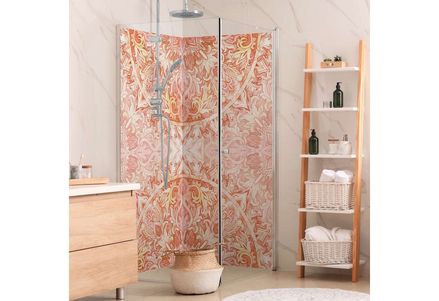Thumbnail - Bilderdepot24 Badrückwand Mandala orange Duschrückwand ohne Bohren Dusche Aquarell, (2-tlg., Hartfolie matt » Selbstkleb...