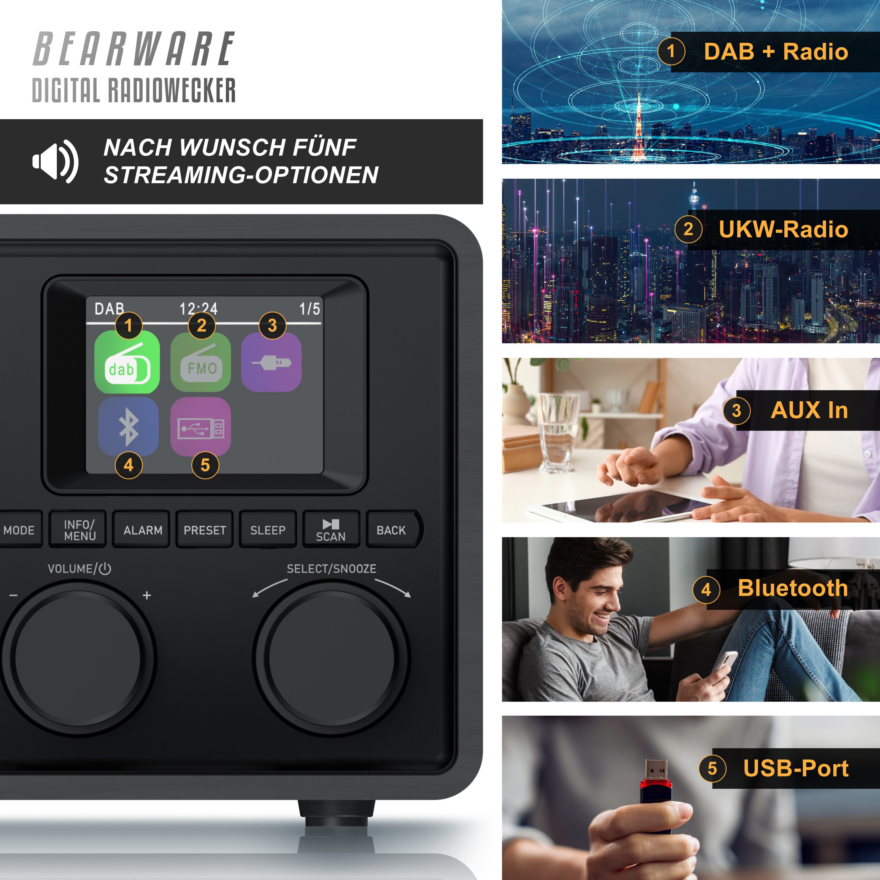 BEARWARE Radio mit TFT Display, Küchenradio digital, UKW FM, Wecker, Bluetooth Digitalradio (DAB) (Digitalradio (DAB), UKW (FM), Automatischer & manueller Suchlauf, Equalizer, DAB, USB, AUX, 2 Alarme)