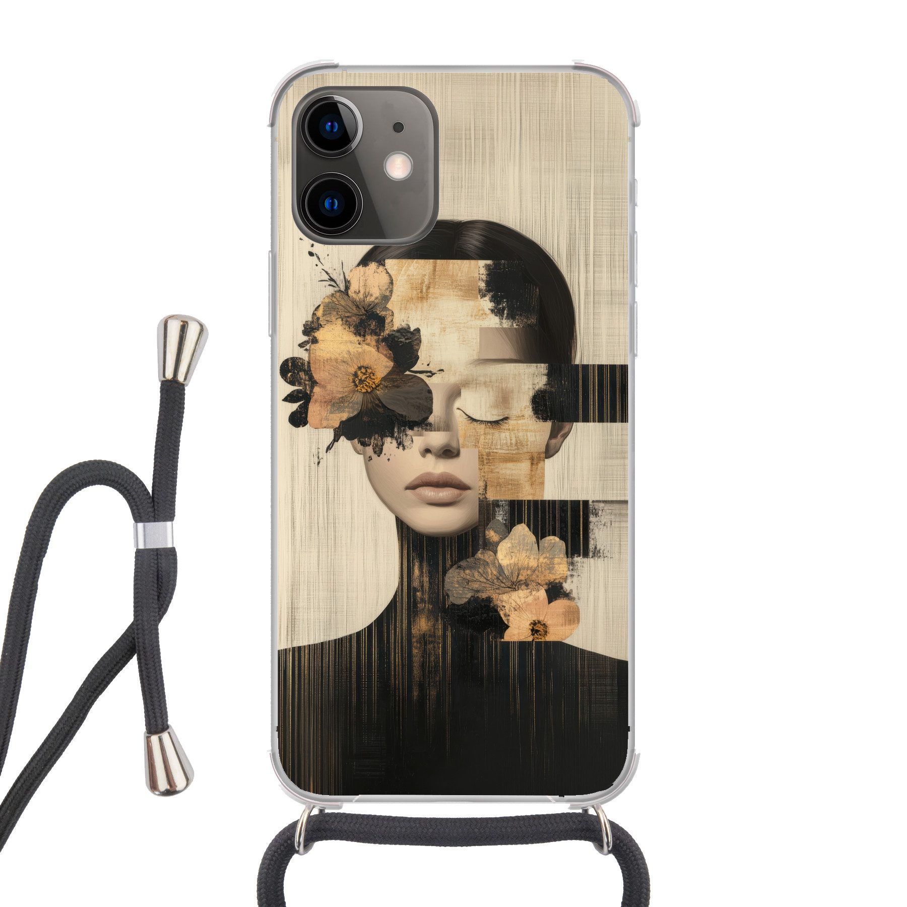 MuchoWow Handyhülle für Apple iPhone 12 Gesicht - Blumen - Schwarz - Frau, Tragbare Handyhüllen mit Kette zum umhängen, Handykette Handyband