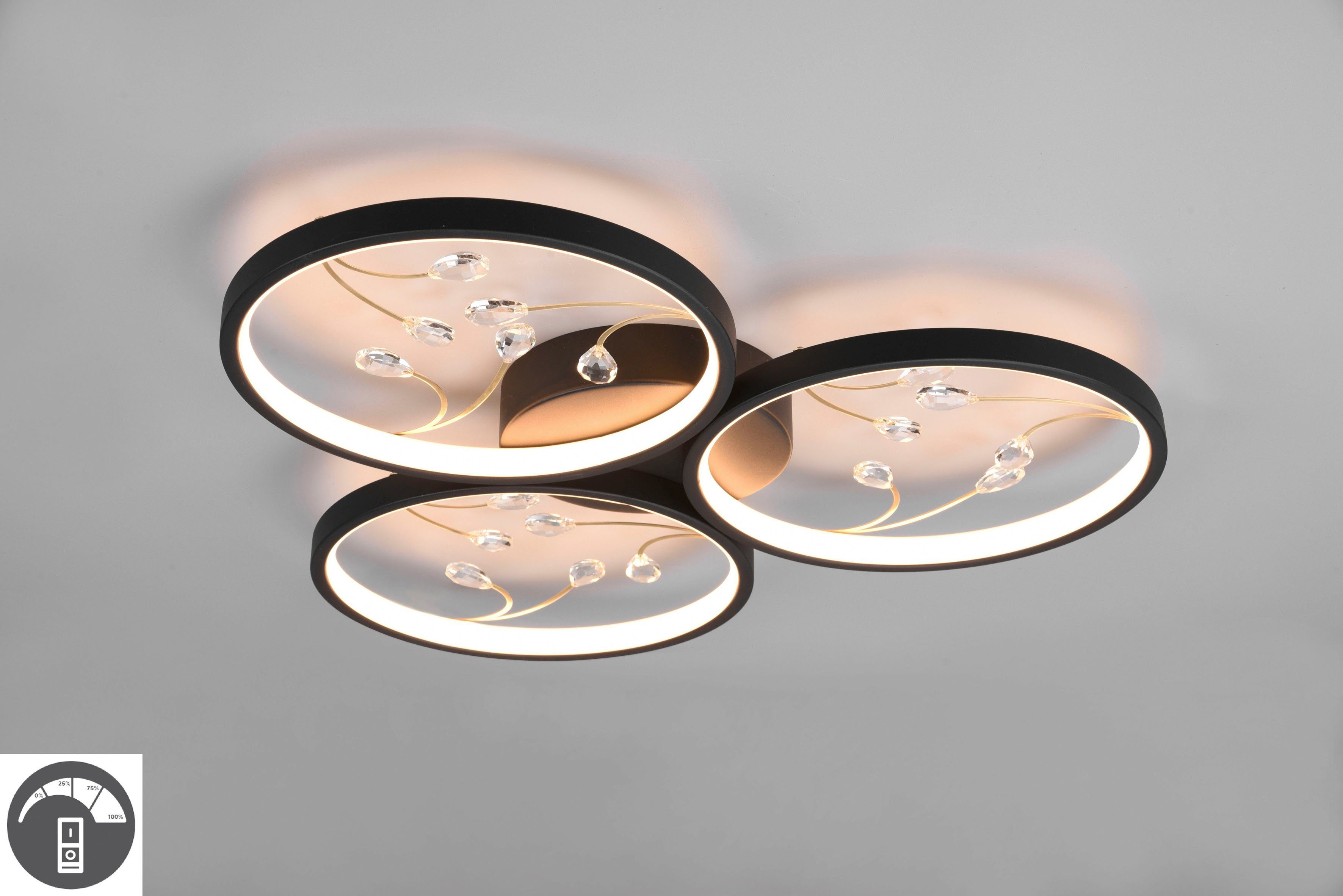 TRIO Leuchten LED Deckenleuchte Groovy, Dimmfunktion, mehrere Helligkeitsstufen, LED fest integriert, Warmweiß, Deckenlampe 3000K mit Glas-Deko, 3 Dimmstufen, LED 30W 3600 Lumen