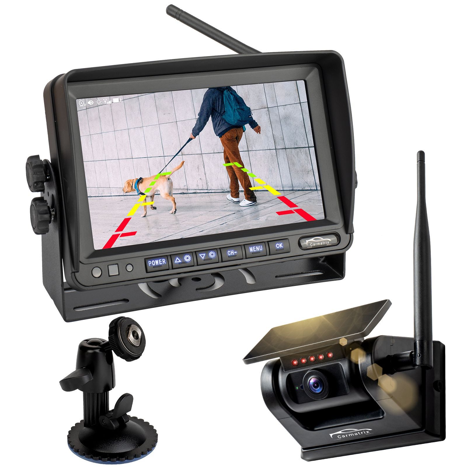 CARMATRIX Premium Solar 7 Rückfahrkamera (Solar Funk Video Rückfahrsystem Wohnmobil Rückfahrkamera mit Magnet, Solarpanel Akku Digital kabellos ohne Bohren für Transporter Anhänger)