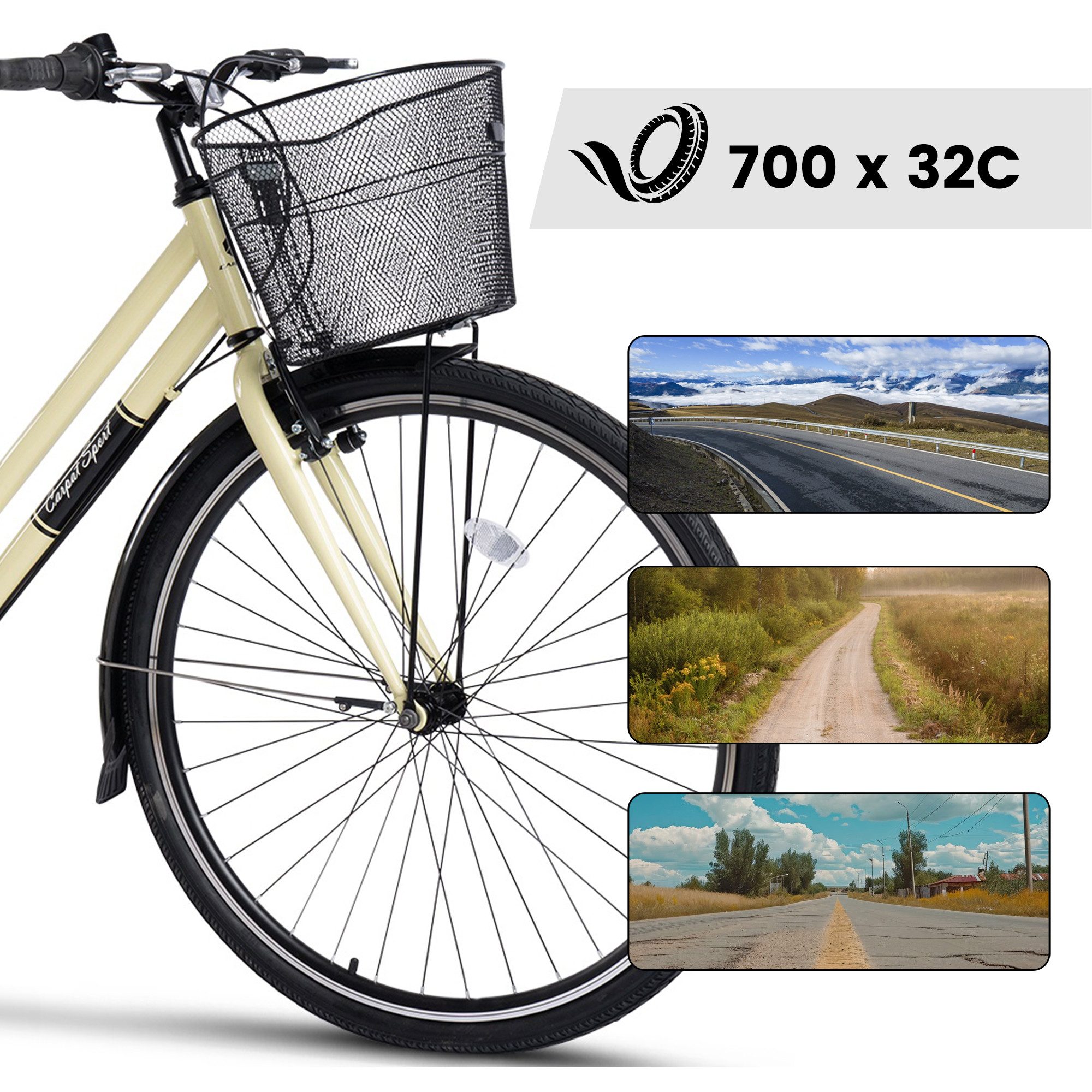 CARPAT SPORT City Bike 28 Inch Women's City Bicycle with Basket, 7-Speed ​​Shimano, Dutch Bike, 7-Speed ​​Shimano, City Bike V-Brakes Women's