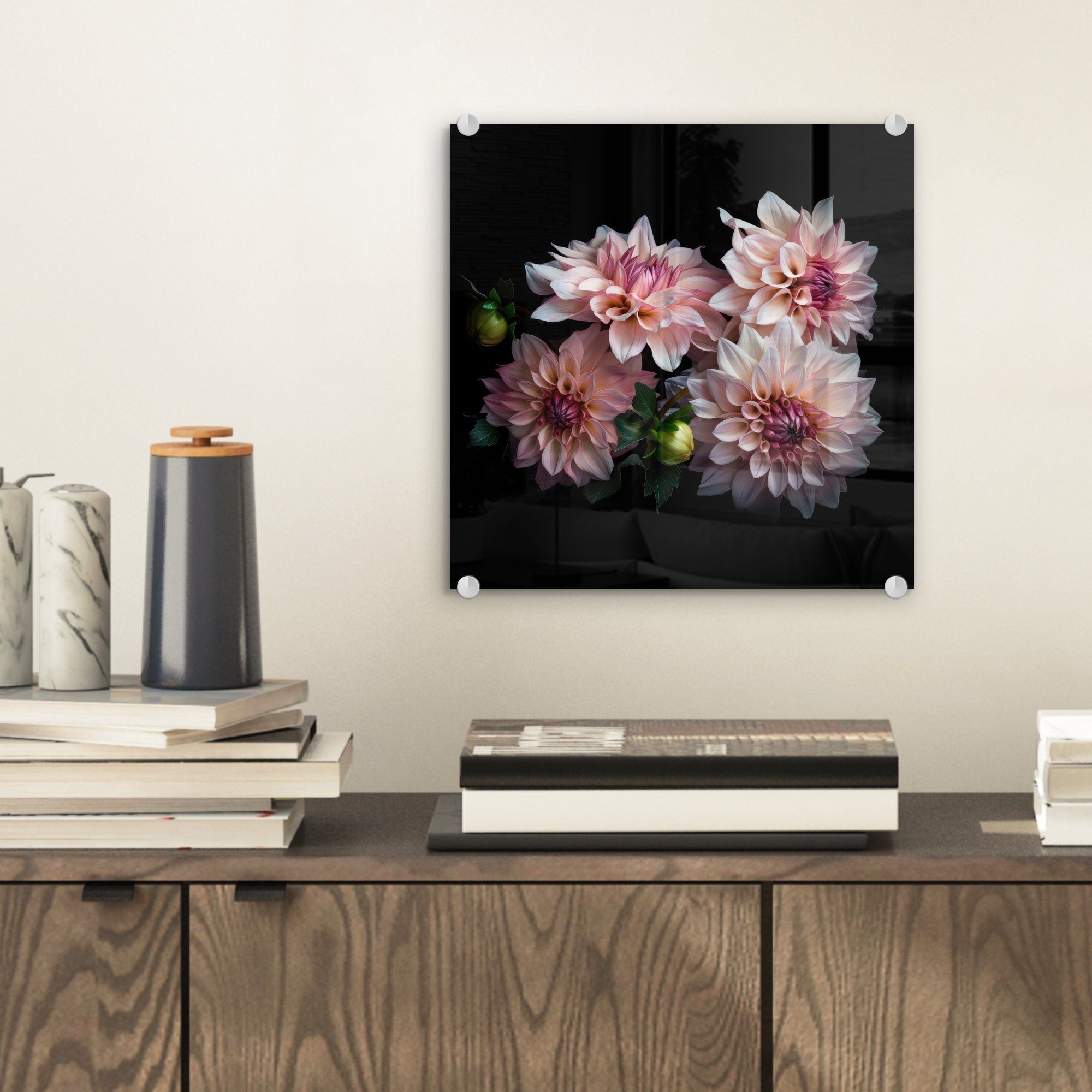 - MuchoWow (1 Rosa Acrylglasbild Wandbild Bilder - - Weiß auf St), Wanddekoration Glas Dahlie - Natur, Foto auf Glas - - Blumen Glasbilder -