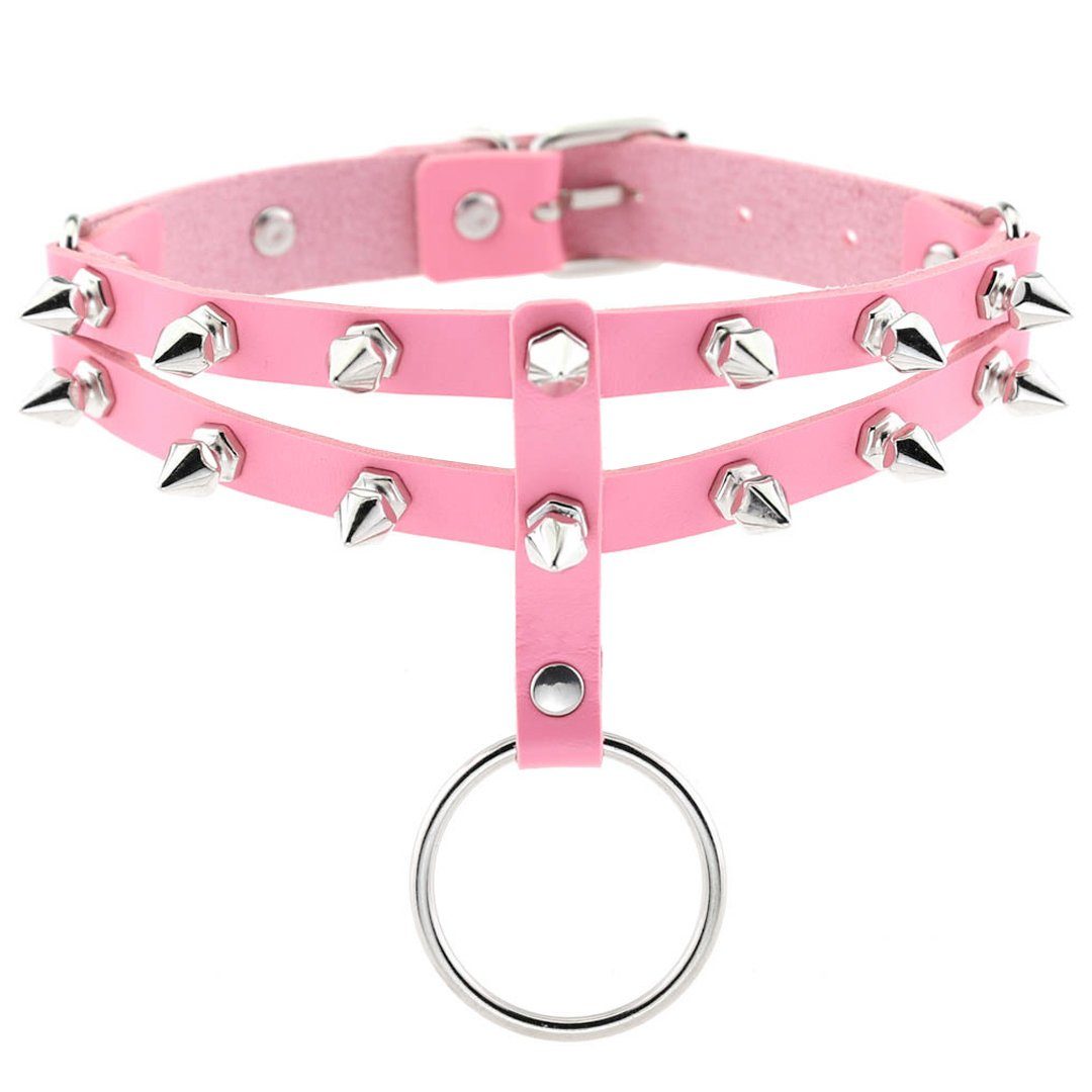 Sandritas Erotik-Halsband - silber rosa, O-Ring und mit Halsband Nieten