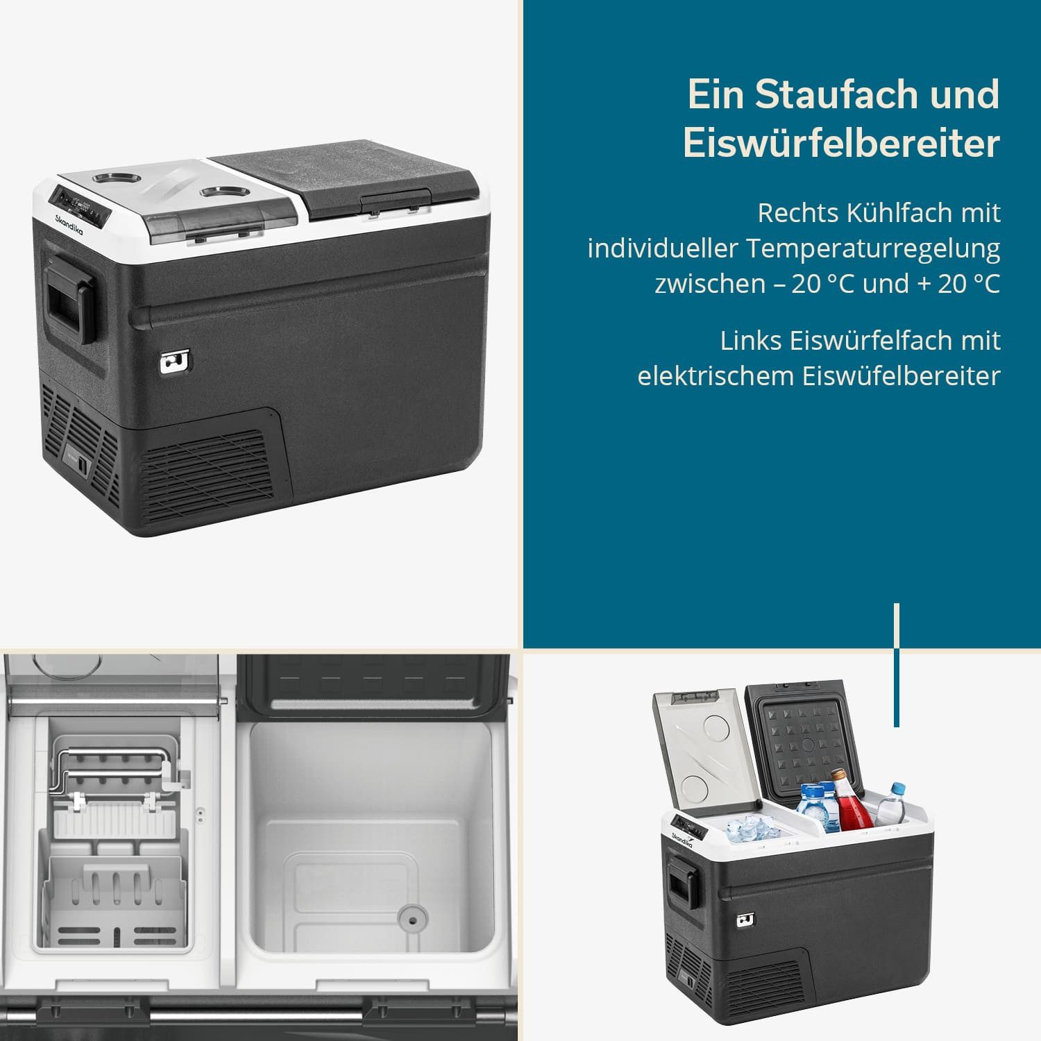 Skandika Elektrische Kühlbox Gefrierbox Routa mit Eiswürfelbereiter, Elektrisch, USB-Ladeanschluss, mit Trennwand, mit Stromanschluss für die Steckdose oder das Auto
