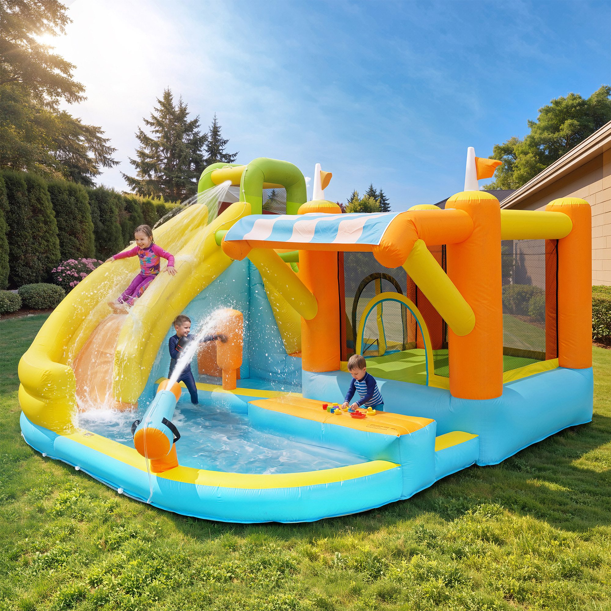 Merax Hüpfburg mit Gebläse, Wasserpark Aufblasbare Wasserspielburg, (433x375x165 cm, 1-tlg), Wasserspielplatz mit Rutsche, Pool, Basketball, Boxring & Kletterwand