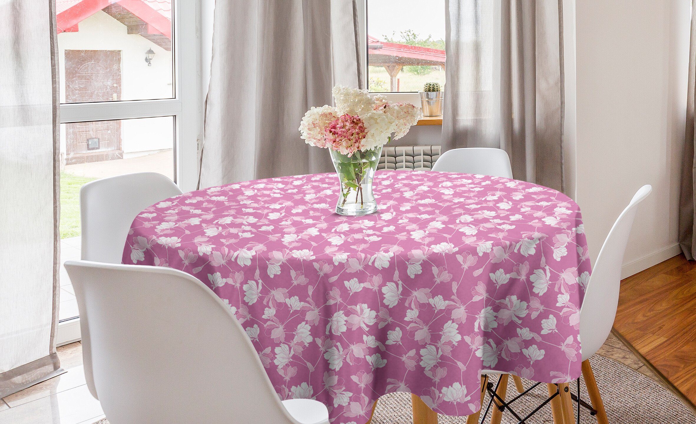 Abakuhaus Tischdecke Kreis Tischdecke Abdeckung für Esszimmer Küche Dekoration, Pink und Weiß Apple-Blumen-Blüten