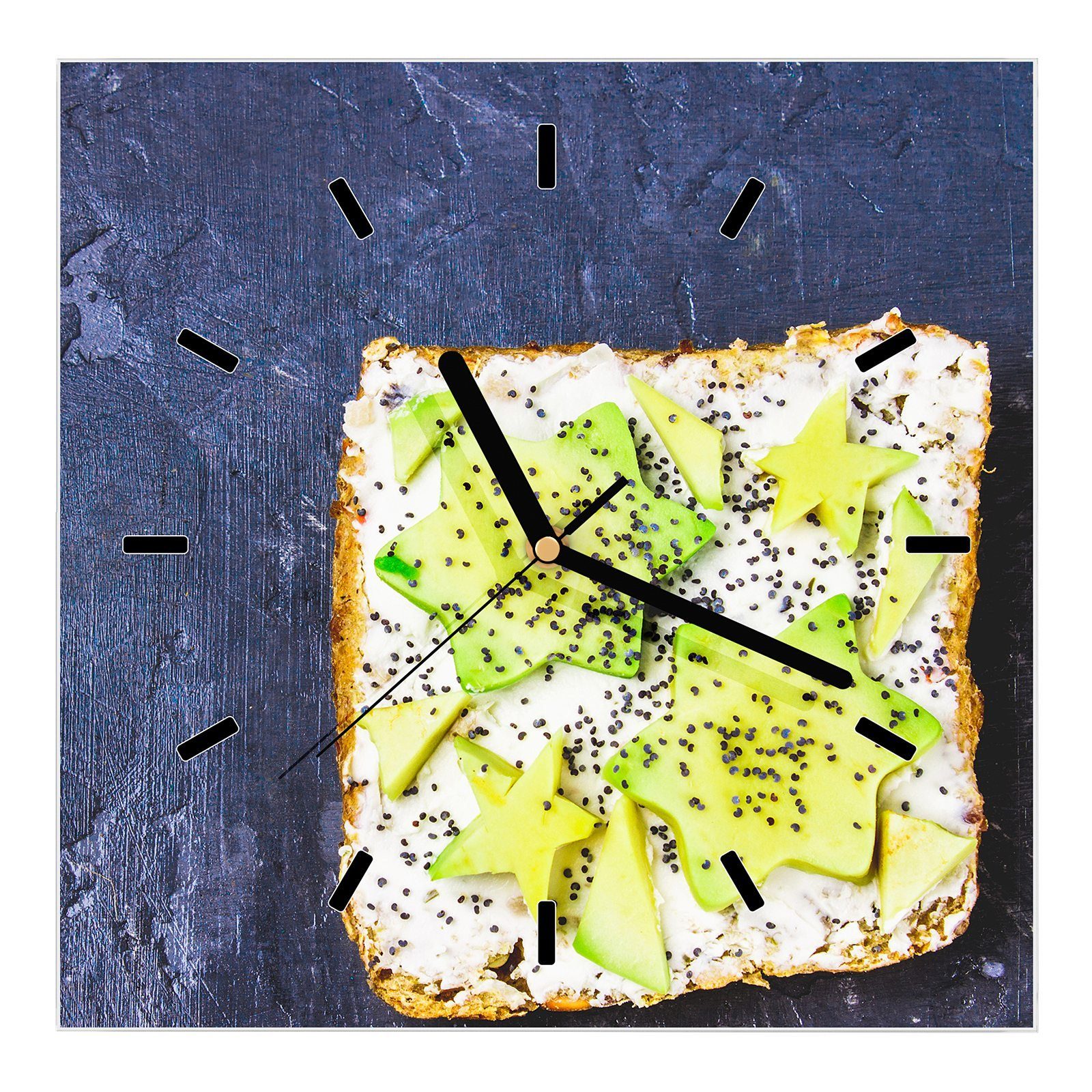 Primedeco Wanduhr Glasuhr Wanduhr Wandkunst Größe 30 x 30 cm mit Motiv Sandwich mit Avocado