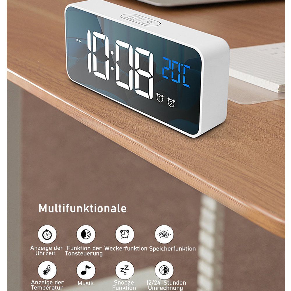 Spiegel Wecker Weiß LED-Temperaturanzeige Desktop-Uhr Digital, Wecker Tragbare zggzerg mit