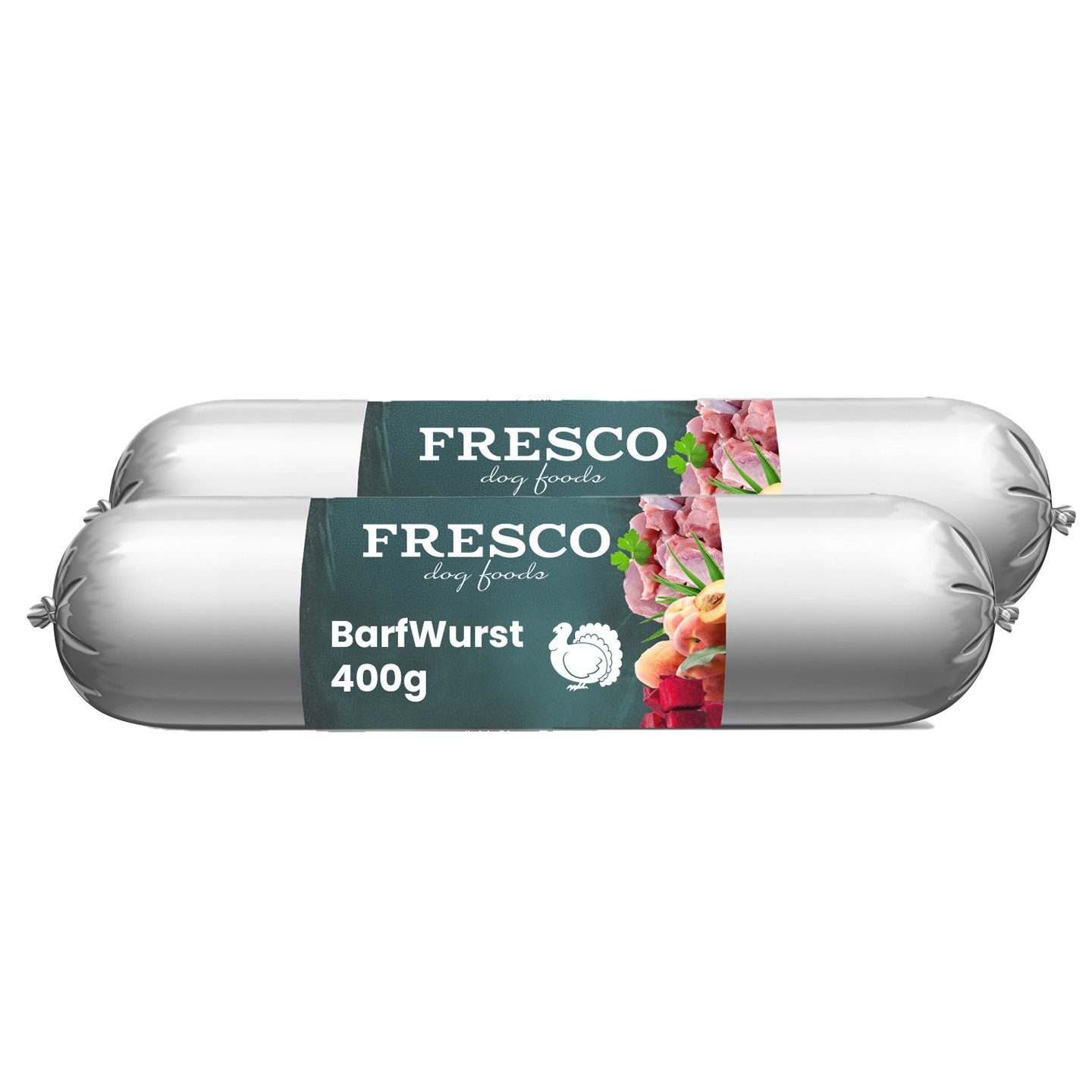 Fresco Dog BARF Hundewurst schnittfest Pute I 2 x 400g, Nassfutter für: Hunde, 86% Frischfleisch, getreidefrei & vitaminreich