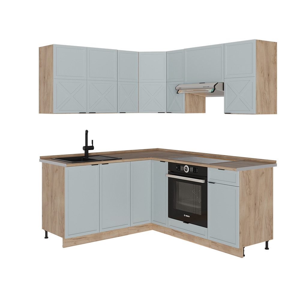 Vicco Winkelküche Fame-Line, Hellblau-grau/Goldkraft Eiche/Goldkraft Eiche, 160 x 190...