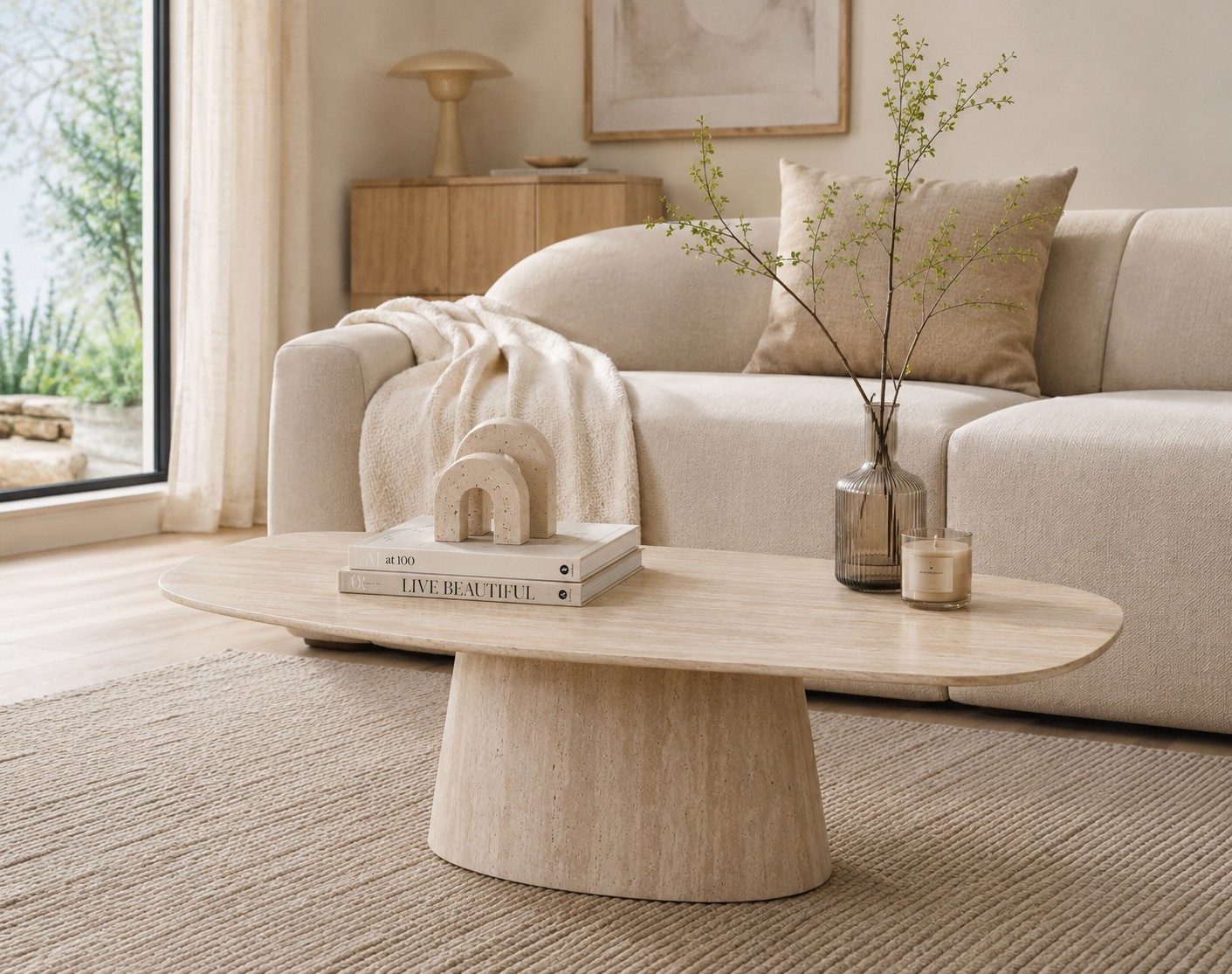 LEVEN Lifestyle Couchtisch VELANO oval 135 cm Travertinoptik Keramik Wohnzimmertisch, Tischplatte aus hochwertiger Keramik