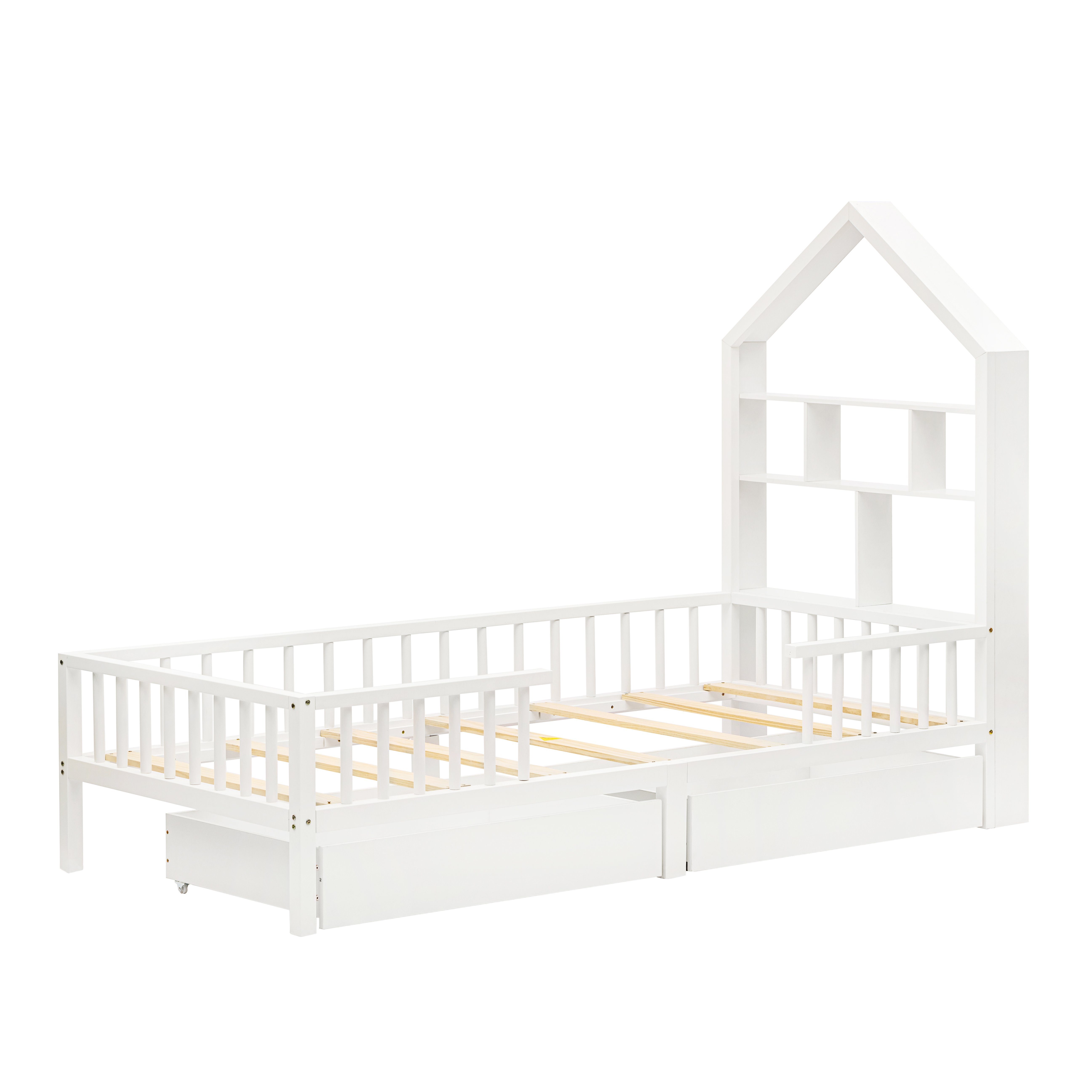 Kinderbett (Jugendbett Einzelbett 90x200cm), mit Schubladen und Lattenrost, Hausbett mit Bücherregal Rausfallschutz