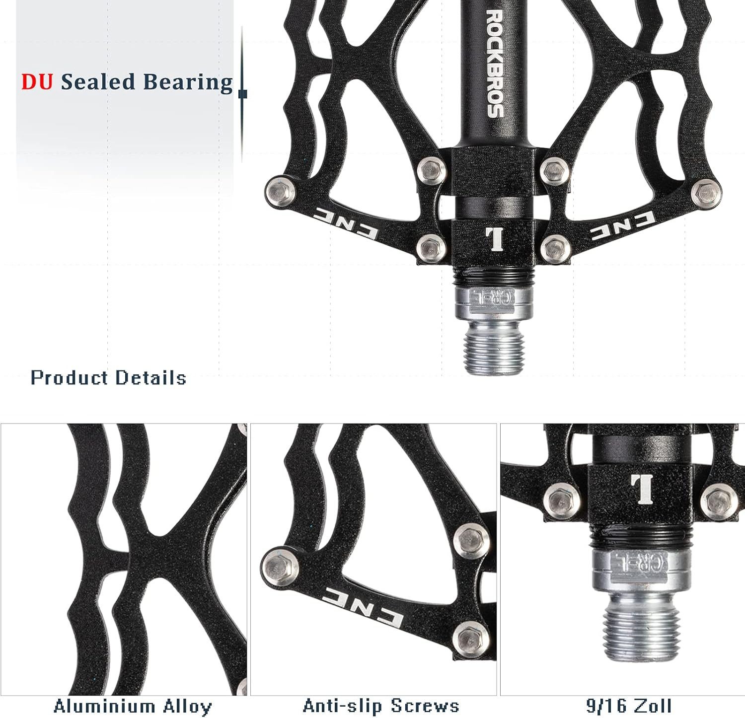 ROCKBROS Fahrradpedale Fahrradpedale MTB 9/16 Zoll CNC Aluminium mit abgedichteten Lagern