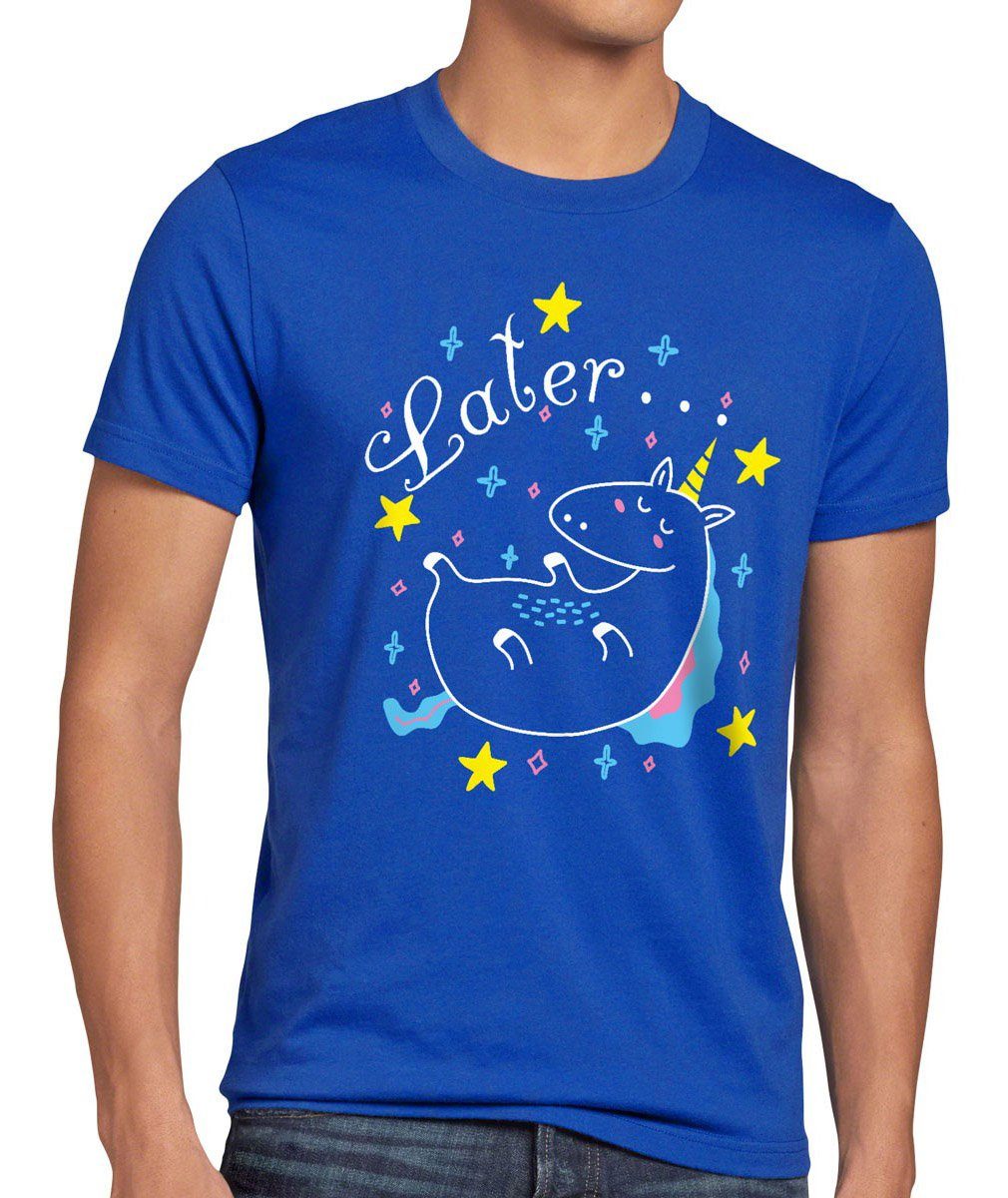style3 Print-Shirt Herren blau Sleepy pferd später top Later T-Shirt Unicorn Einhorn it fun do funshirt