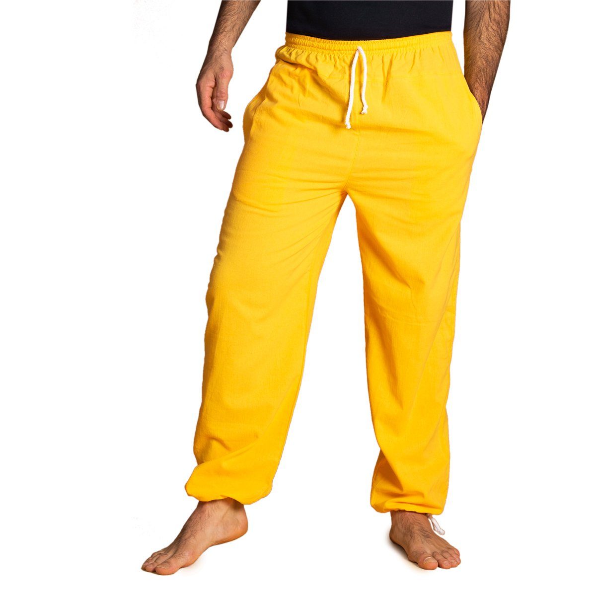 PANASIAM Wellnesshose E-Pants leichte Unisex Bundhose aus weicher Baumwolle für Damen und Herren Freizeithose mit Tunnelzug Relaxhose bequeme Sommerhose Gelb