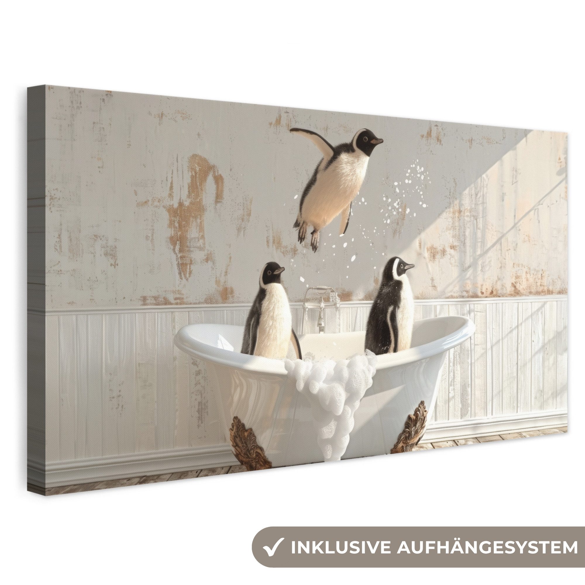 OneMillionCanvasses® Leinwandbild Panorama Weinlese - Pinguin - Badewanne - Schaumstoff, Fotodruck (1 St), Wandbild, Deko Schlafzimmer Wohnzimmer Flur 40x20 cm