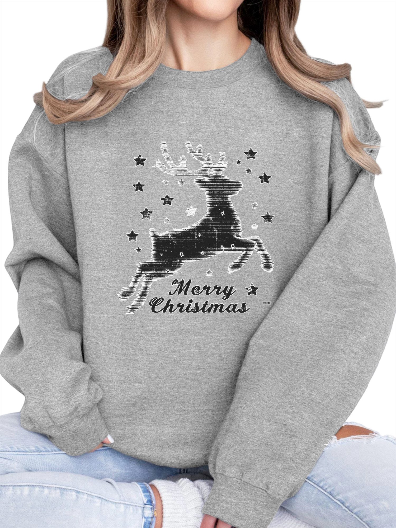 Fleecepullover Damen Rundhals Sweatshirt mit Elch Print & Flauschfutter für Winter