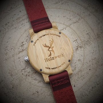 Holzwerk Quarzuhr RAINBOW RED bunte kleine Damen Leder & Holz Armband Uhr, rot