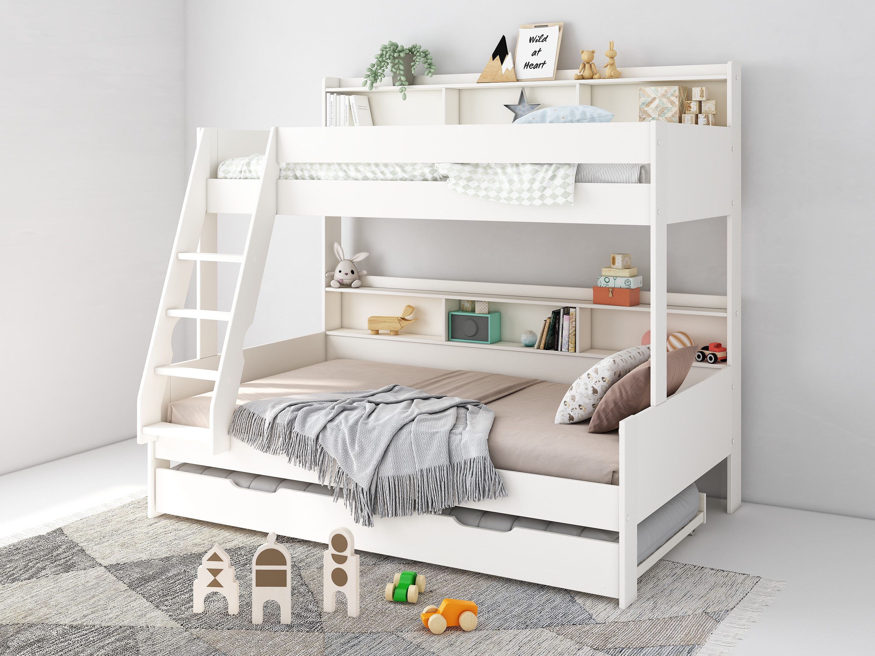 Lüttenhütt Etagenbett Jaime II, Stockbett, viel Stauraum, mit Regalen, Massivholz mit MDF (Oberes Bett 90x200cm, unteres Bett 120x200cm), breite Liegefläche unten, FSC®, Made EU, 3. Schlafgelegenheit optional