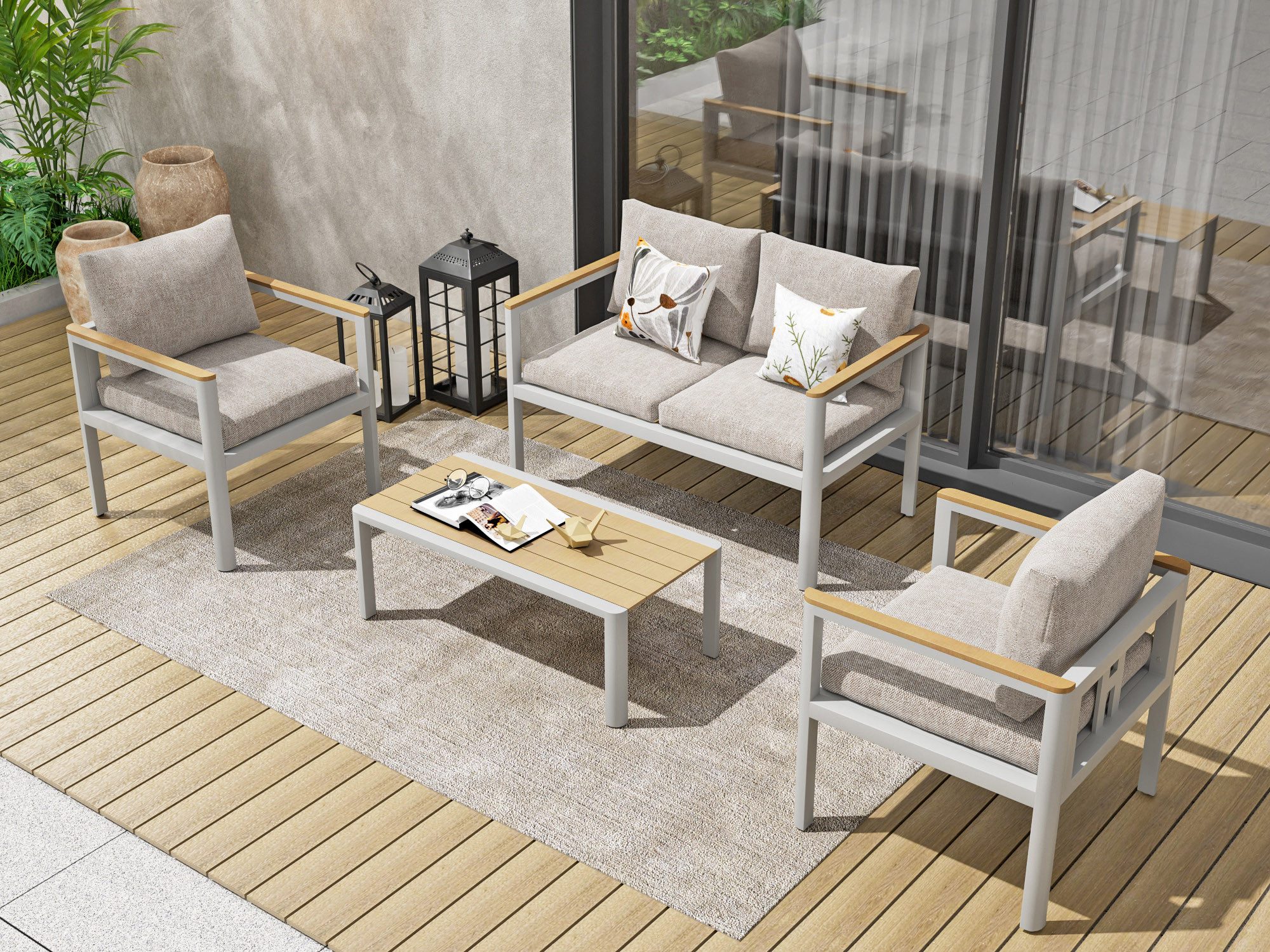 MeXo Gartenlounge-Set Gartenmöbel Set Aluminium, (Garten Sitzgruppe für 4 Personen, 4-tlg., Belastbarkeit pro Sitzplatz 140kg), wetterfest, abnehmbare Kissen, Polywood-Tischplatte