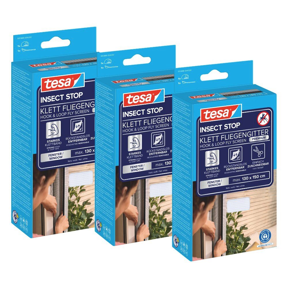 tesa Insektenschutz-Fensterrahmen Klett Fliegengitter Premium für Fenster, Insektenschutz, ohne bohren, (Komplett-Set, 3-St), Mückenschutz mit starkem Klettband, rückstandsfrei entfernbar