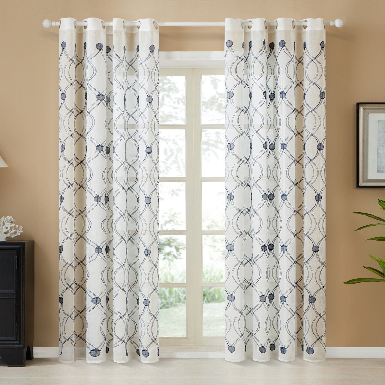 Gardine, HOMEIDEAS, Ösen (2 St), halbtransparent, Voile, Stickerei-Design Navy blau