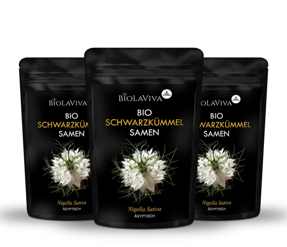 BIOLAVIVA Gewürz Bio Schwarzkümmel Samen 500g, (Aromatisch-würzig), 99,9 % Reinheit, Bio-Qualität, 100 % Schwarzkümmelsamen