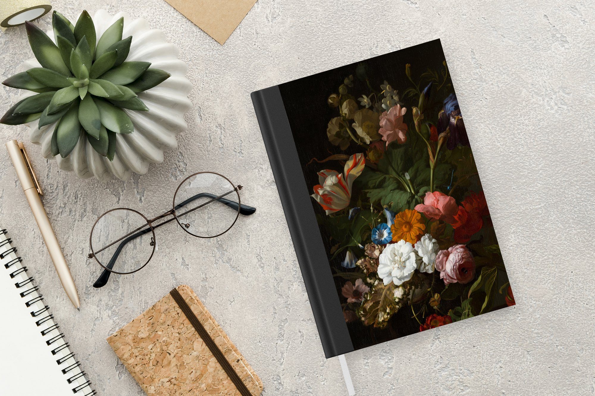 Journal, Vase Gemälde MuchoWow mit Ruysch, Notizbuch Blumen Tagebuch, 98 A5, - Notizheft, Rachel von Seiten, Merkzettel, Haushaltsbuch