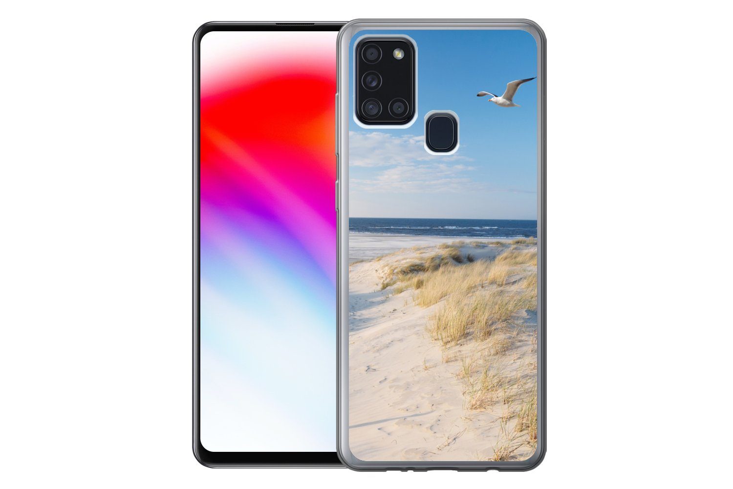 MuchoWow Handyhülle für Samsung Galaxy A21s Düne - Möwe - Strand - Meer - Sonne, Smartphone-Bumper, Print, Handy Schutzhülle Dünn