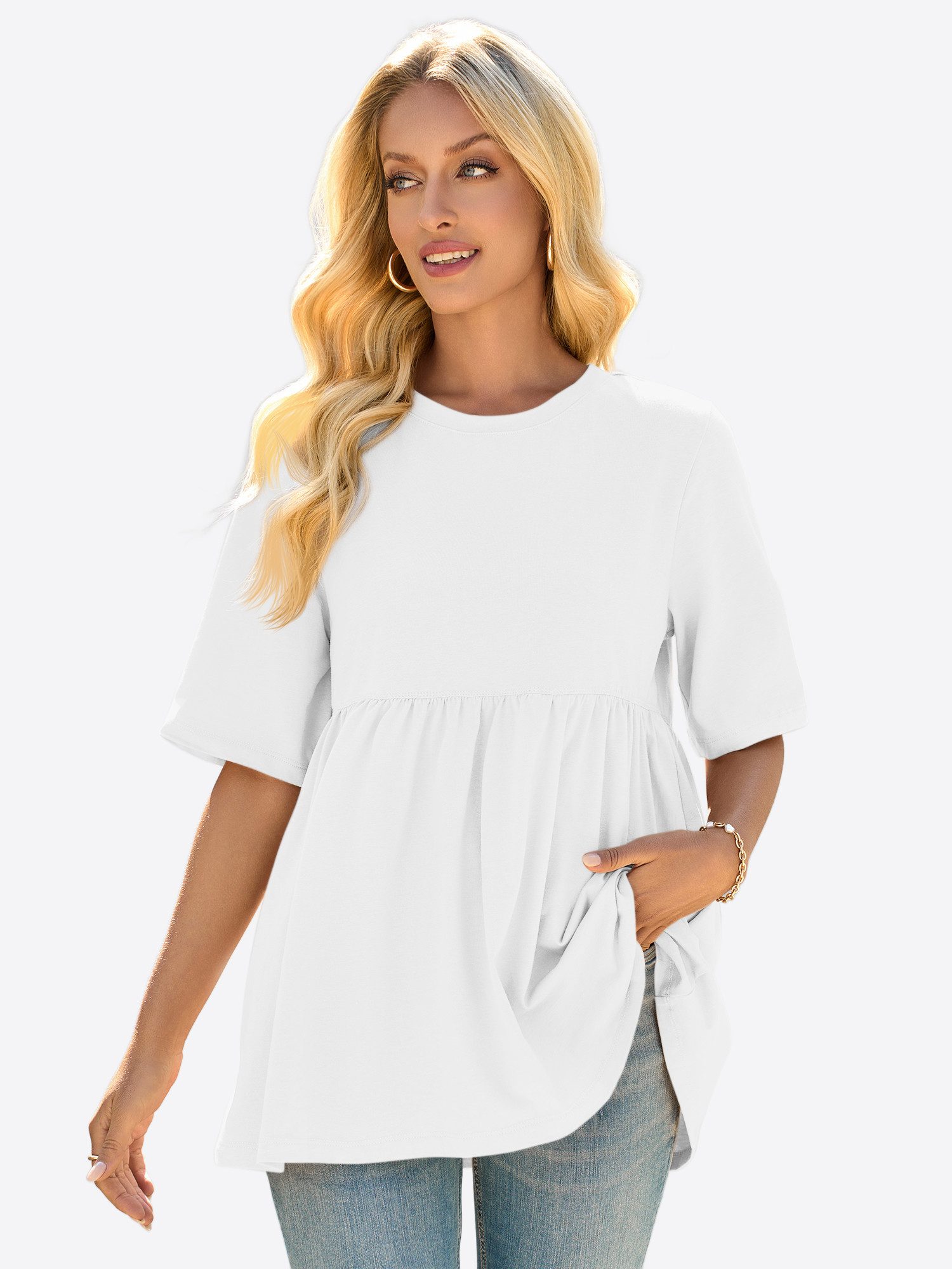 Imily Bela T-Shirt Damen Lässiges Babydoll Tunika Oberteil (Packung, 1-tlg., 1per-Pack) mit Rüschensaum