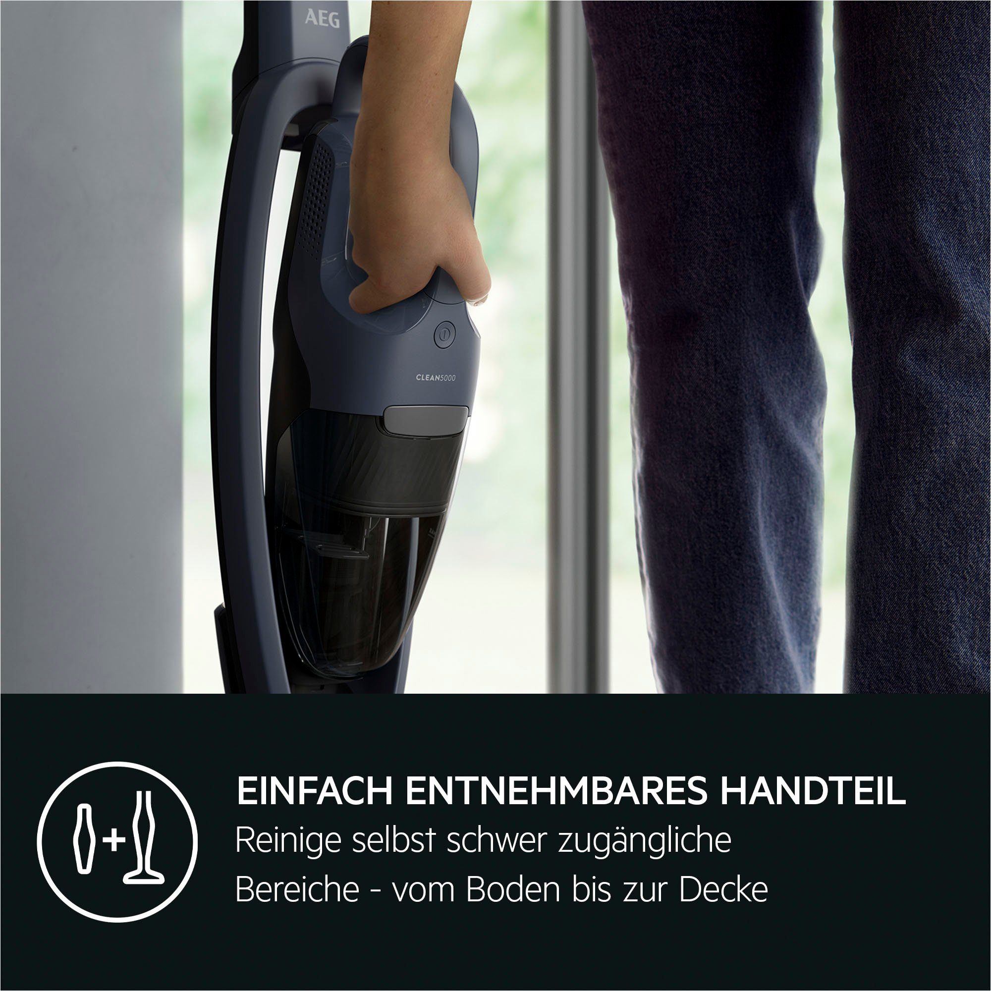 AEG Akku-Hand-und Stielstaubsauger CLEAN 5000 Akku-Staubsauger (AS52CB18DB), 0 W, beutellos, 2in1, leise 79 dB(A), 58% Recyclingkunststoff, bis zu 45 Min. Laufzeit