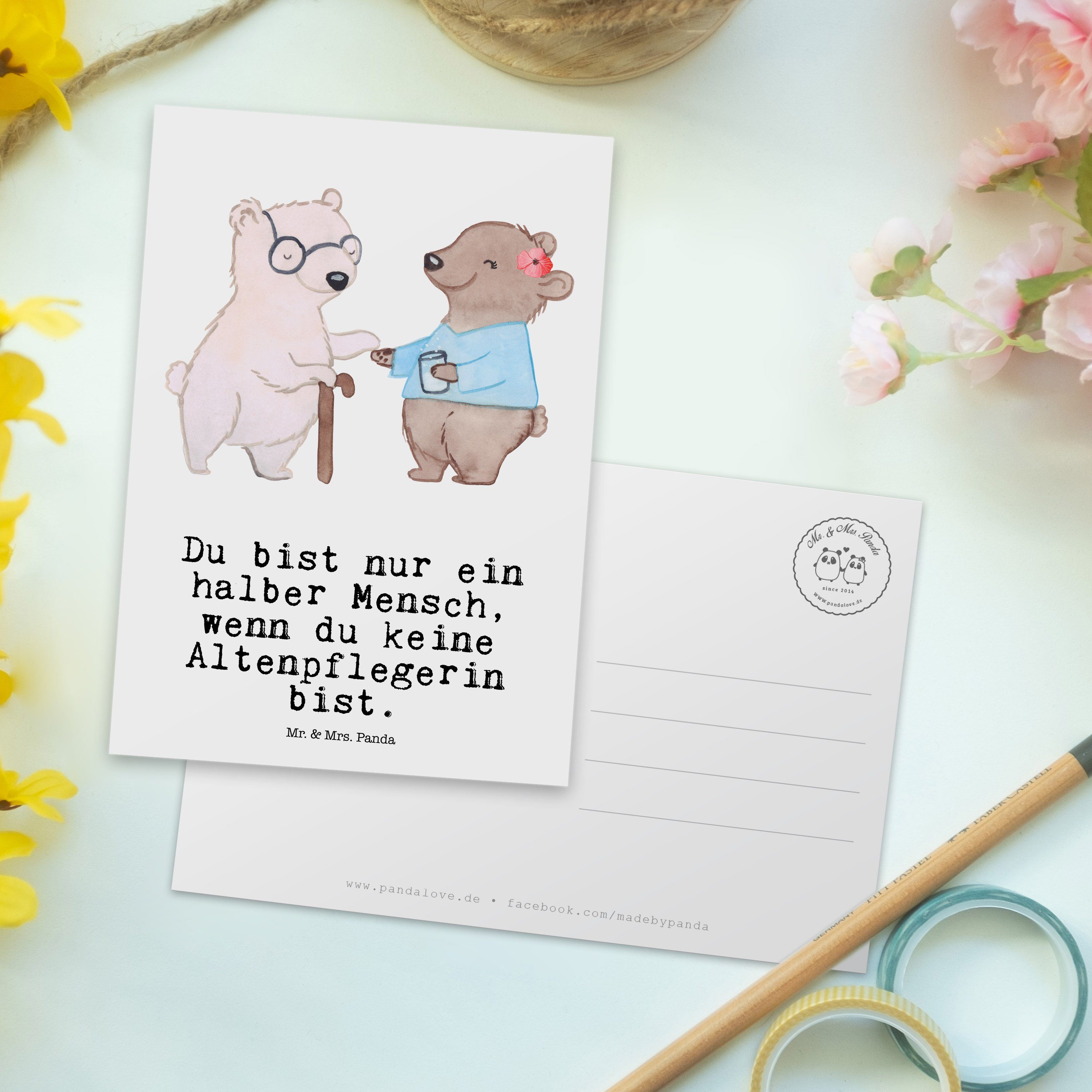 mit Geschenk, Panda Postkarte - Eröffnung, & Herz Mrs. Danke Altenheim Mr. - Weiß Altenpflegerin