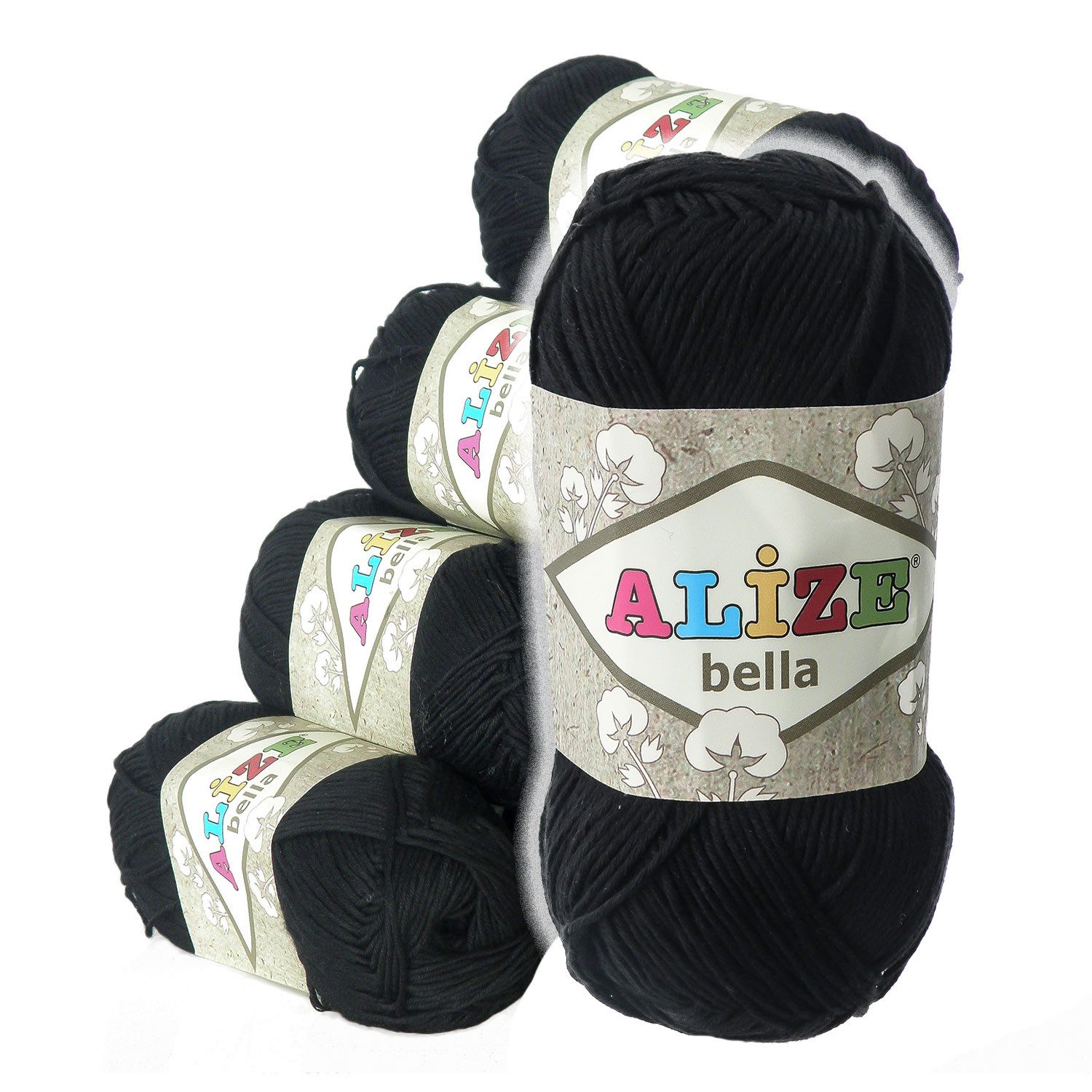 Alize 5 x 100g Alize Bella uni Baumwoll-Strickgarn Häkelgarn Sommerwolle Häkelwolle, 360 m, 60 schwarz