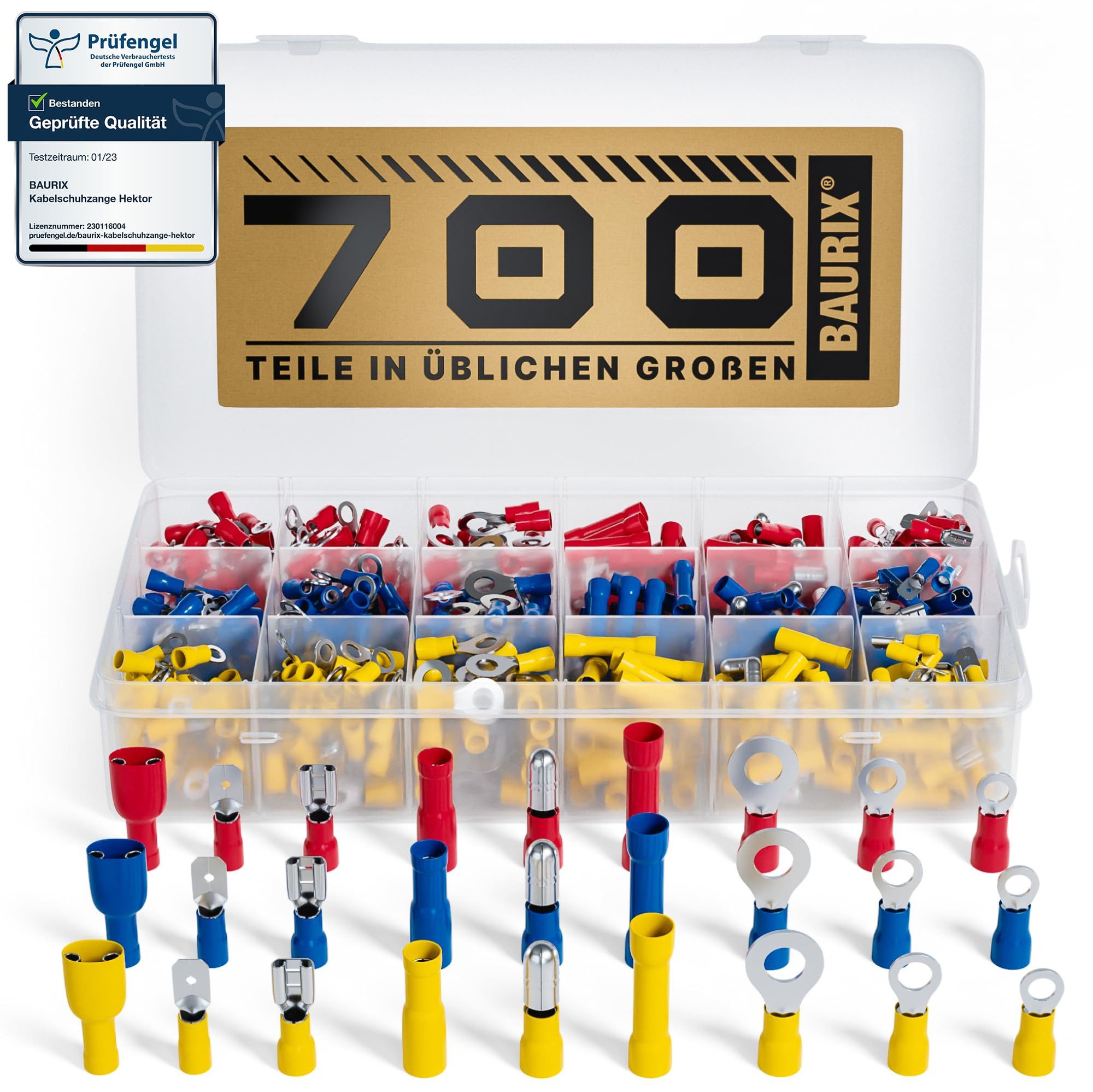BAURIX Flachsteckhülsen Set 700 Stück I Quetschverbinder Меню I Steckverbinder, Stoßverbinder, 700-tlg., Kabelschuhe, Flachsteckhülsen, Ringkabelschuhe, Rundstecker