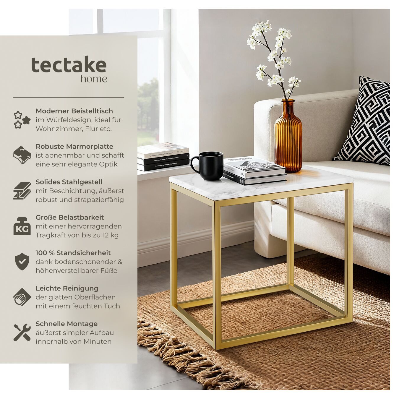 tectake Beistelltisch Couchtisch Marmor Alysia, 45 x 45 x 47,5 cm, Belastba günstig online kaufen