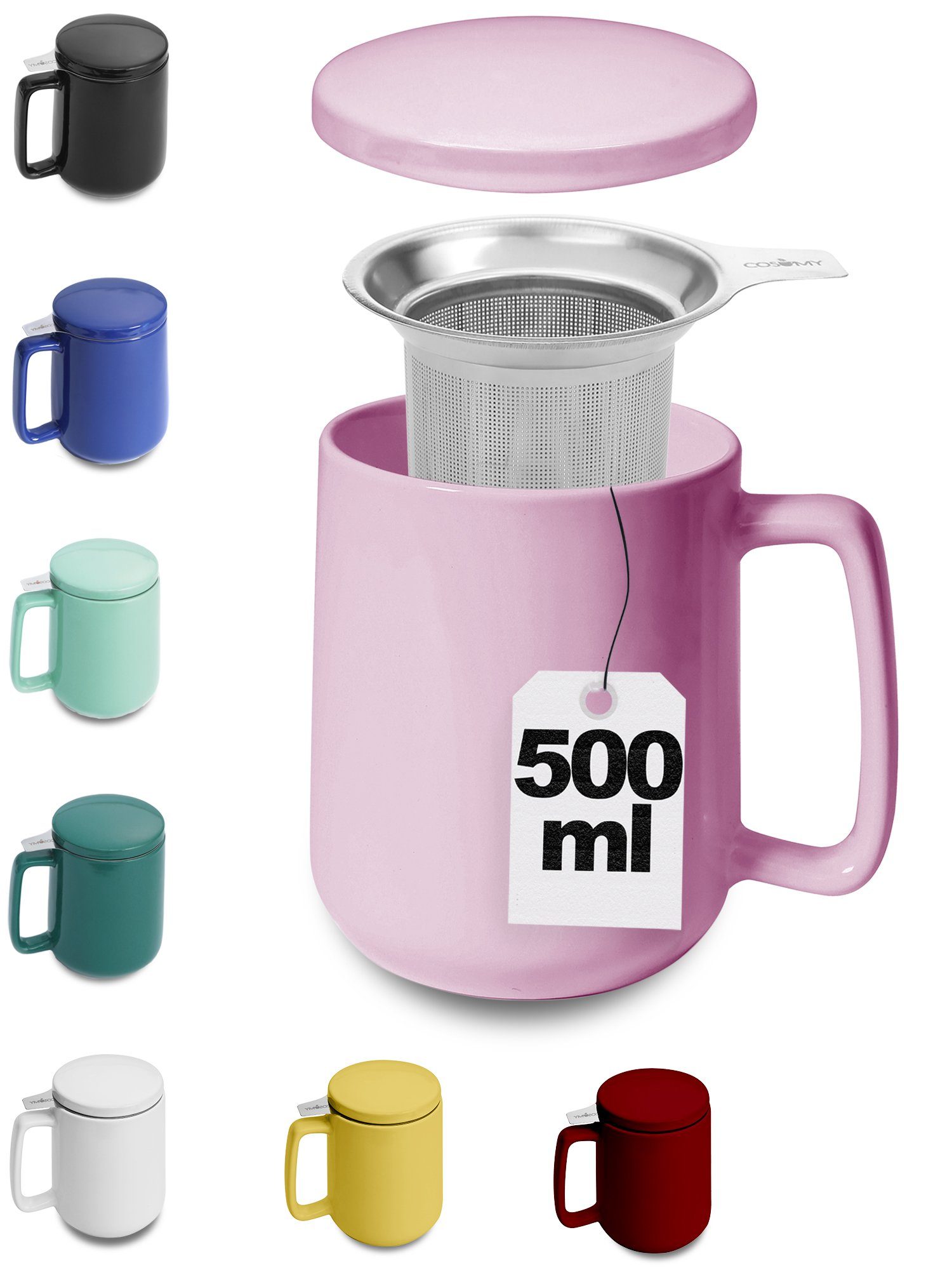 Cosumy Teeglas Teetasse mit Sieb und Deckel Rosa 500ml, Keramik, Hält Lange  warm - 500ml XXL Groß - Spülmaschinenfest