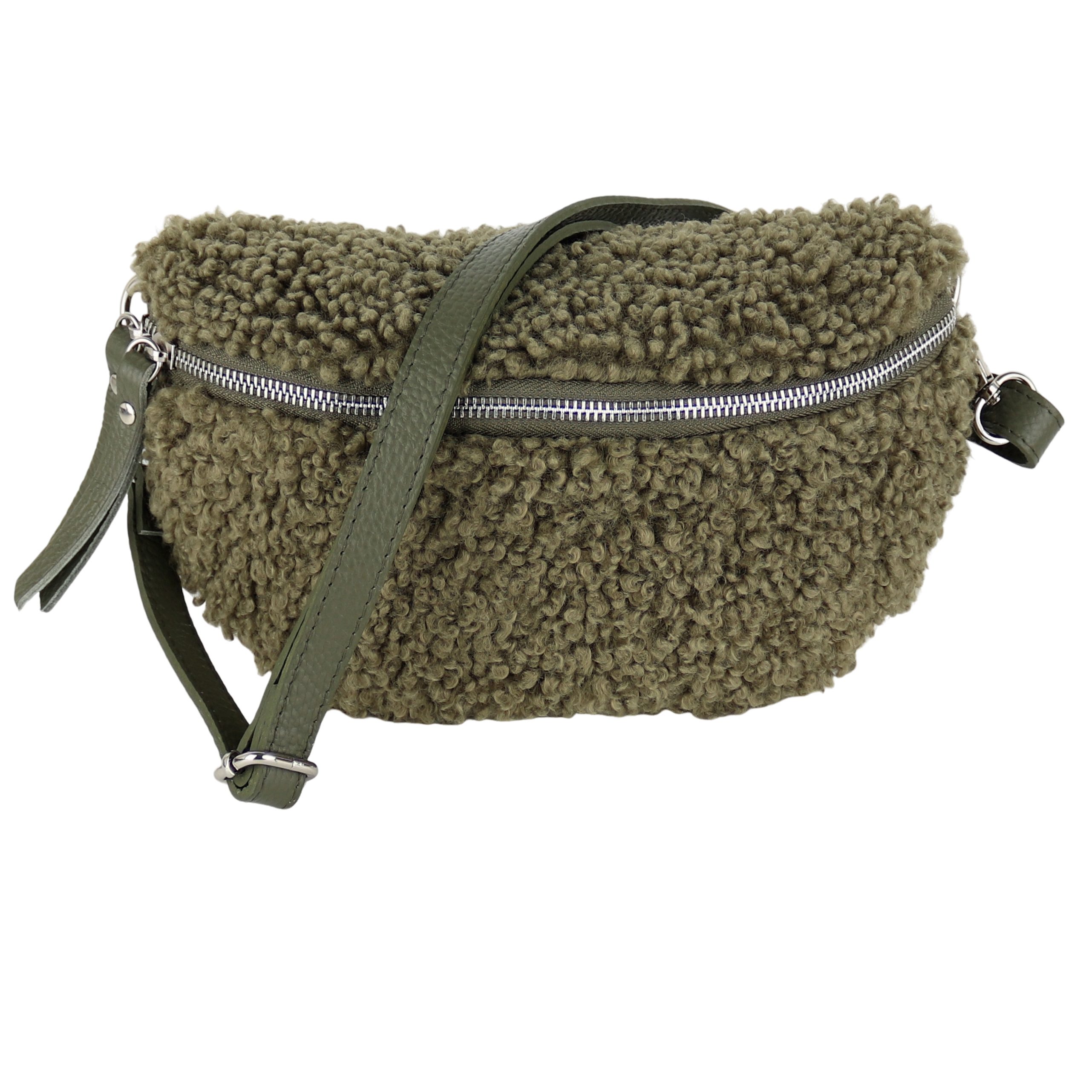 MIRROSI Bauchtasche Damen Brusttasche Plüsch, Teddyfell, Made in Italy (28x18x10cm), auch als Schultertasche, Umhängetasche tragbar