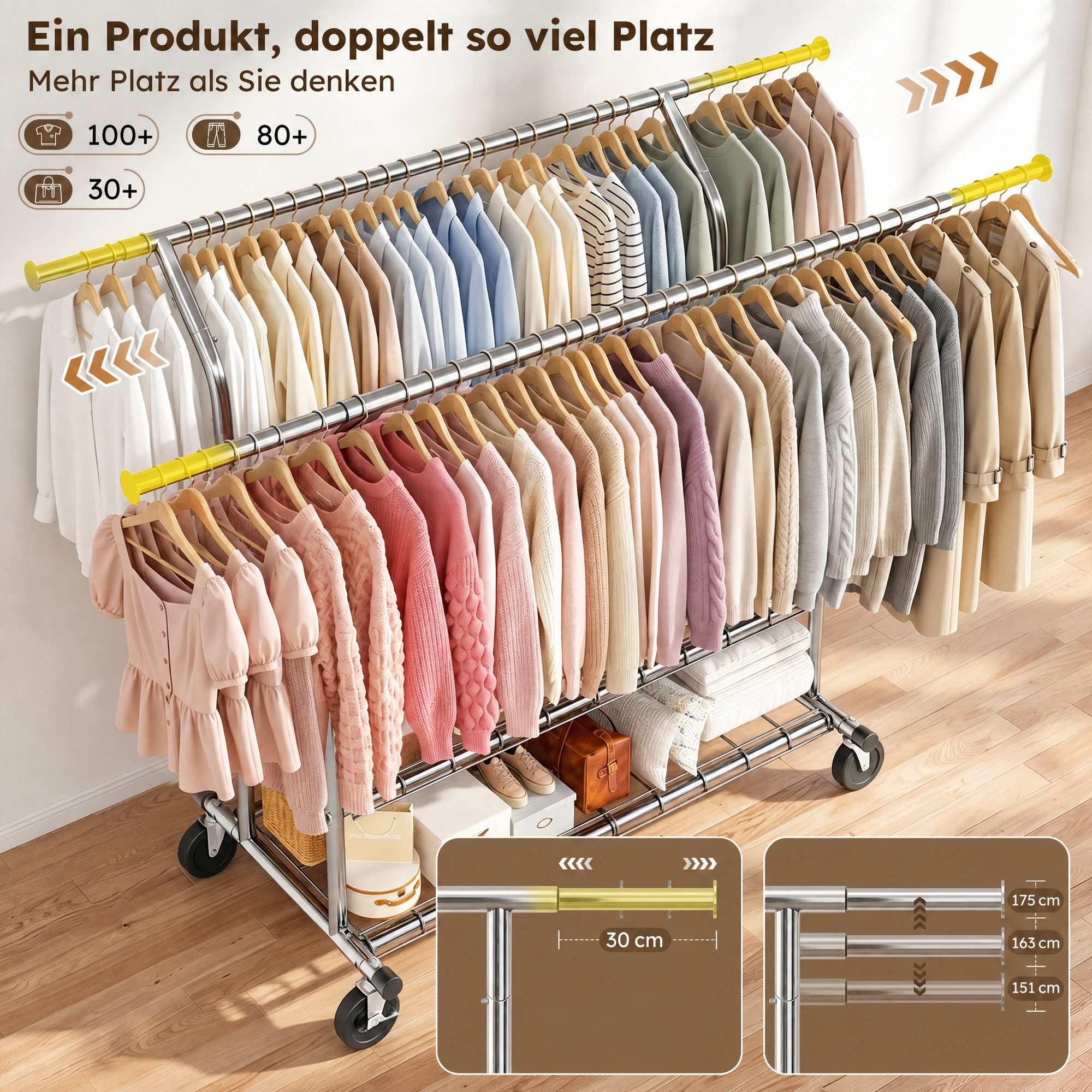 Klyvvo Kleiderständer mit ausziehbarer Struktur & zwei Lagernetzen, 200kg Höchstgewicht, (1 St), reichlich Stauraum für Kleidung & Accessoires – Bild 4 von 5