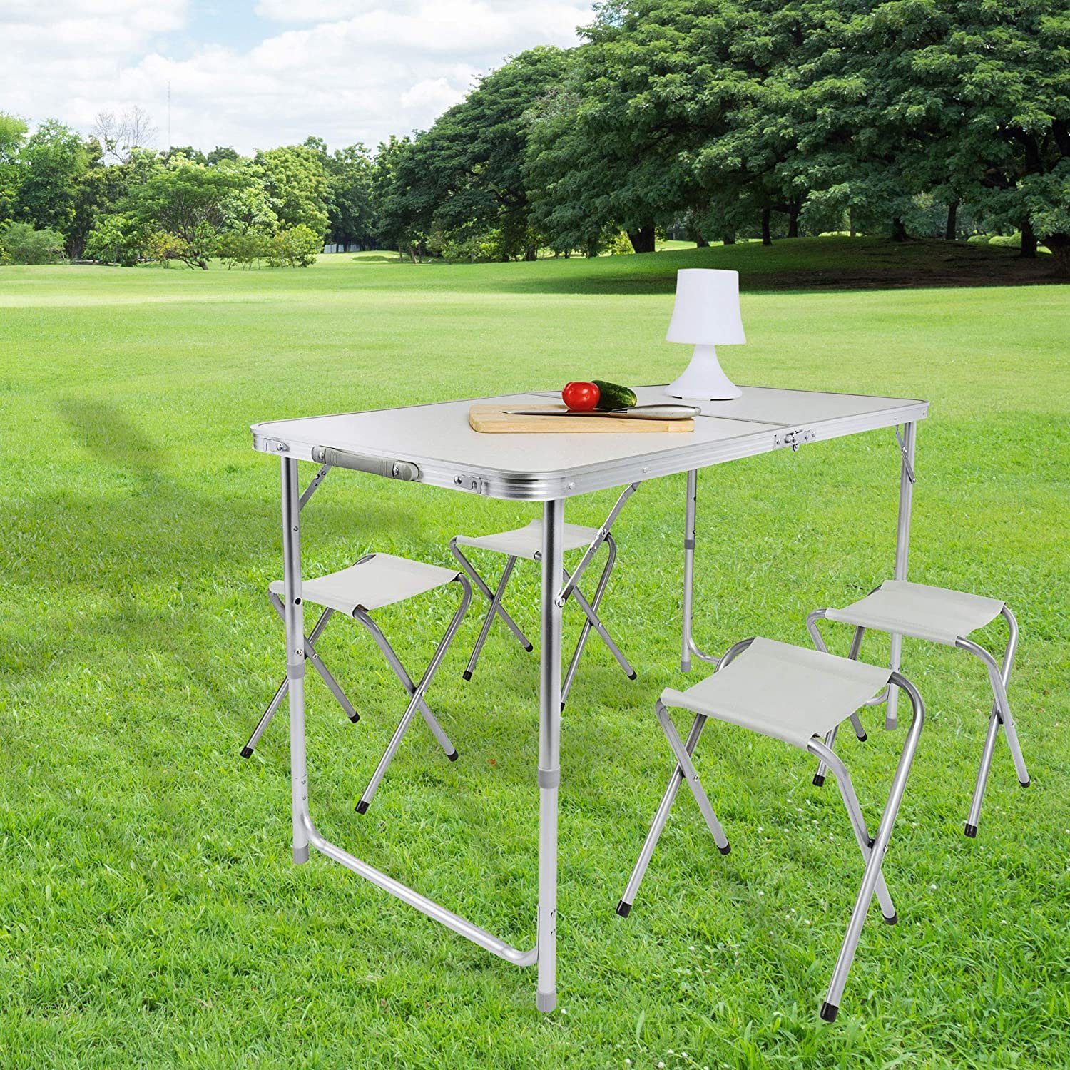 Stühlen Klapptisch (Mehrzwecktisch, Multifunktionstisch Klappbarer Weiß Goods+Gadgets Campingtisch - Markttisch), mit 4 Campingtisch