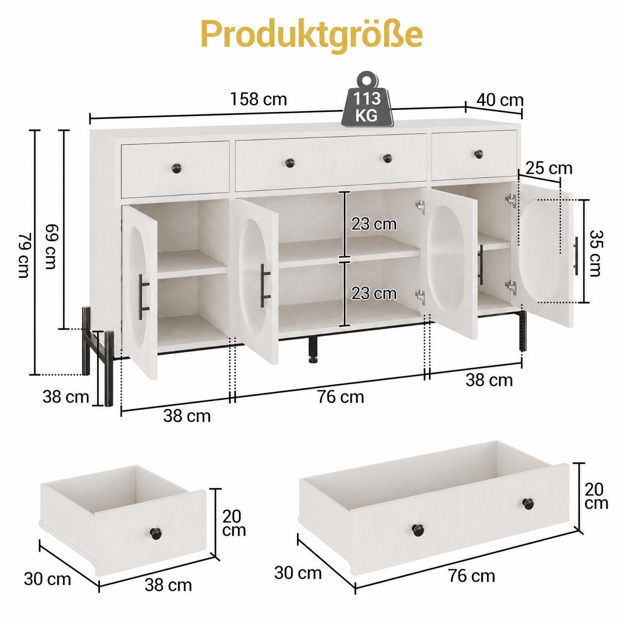 GarveeMore Anrichte Großes 158 cm Sideboard mit Stauraum, Kombikommode, Lowboard, Kommode, Schubkastenkommode mit 3 Schubladen und verstellbaren Einlegeböden