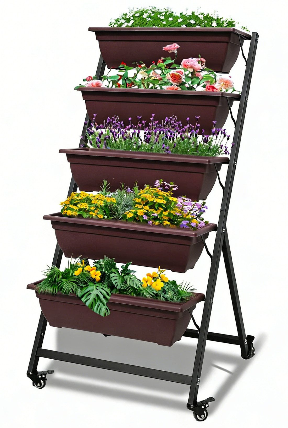 BIGTREE Hochbeet Pflanzentreppe outdoor mit rollen mit 5 Etagen Pflanzenständer (5 St., 5-stufig, Behälterboxen & Drainagelöchern B×T×H: 66cm×66cm×130cm)