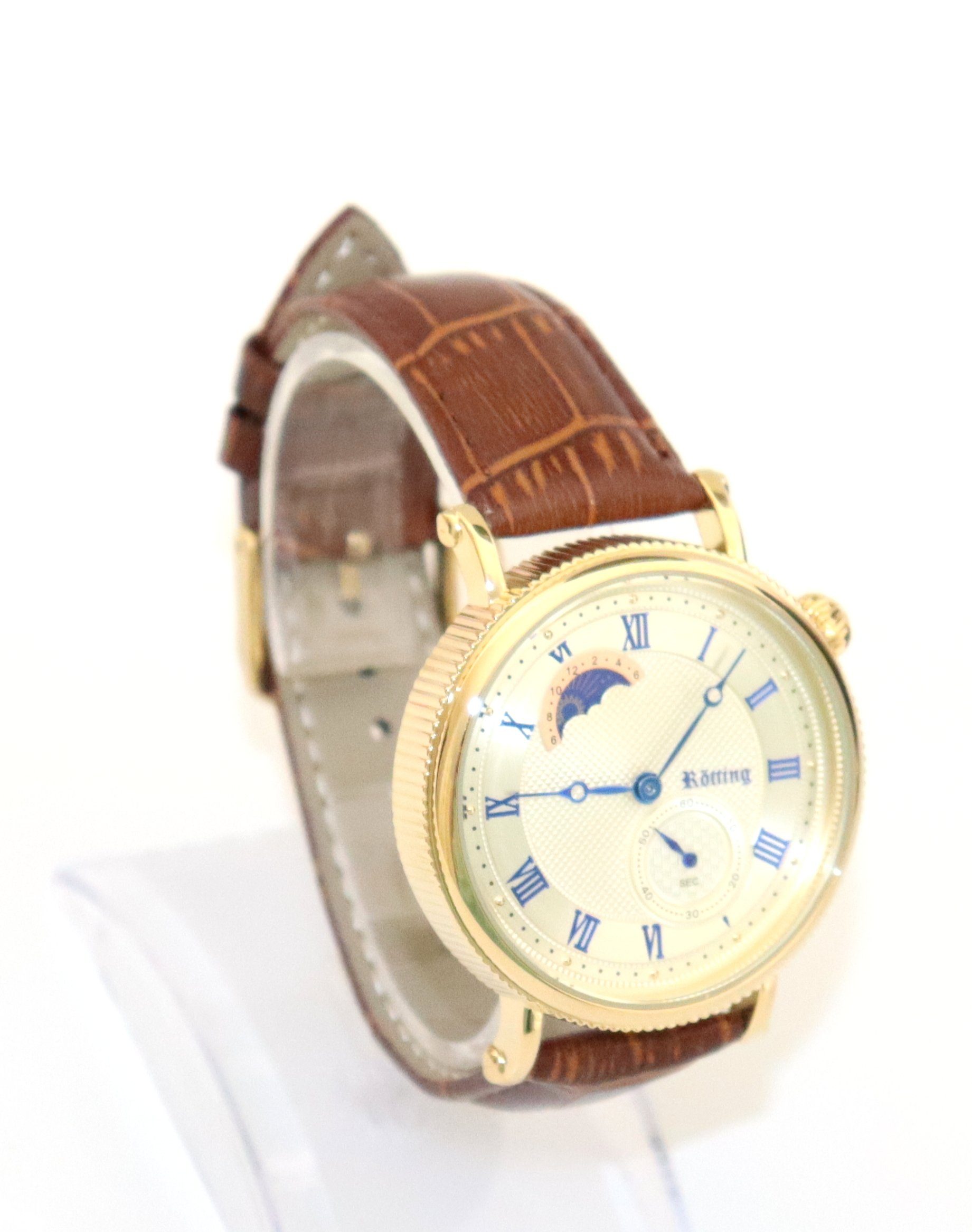 Rötting Design Quarzuhr Herrenuhr goldfarb. Ziffernblatt Tag/Nacht Phasen braunes Lederarmband, Tag / Nacht Phasen Anzeige