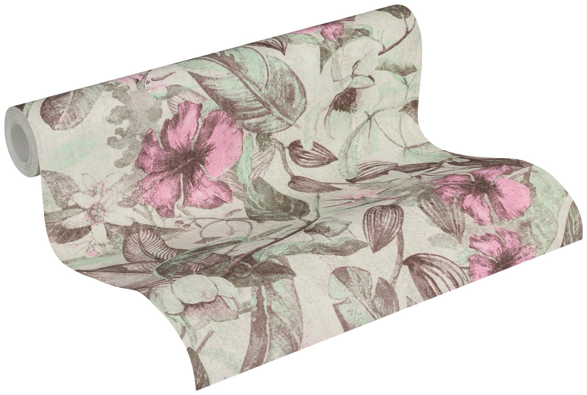 A.S. Blumen Vliestapete bunt/rosa floral, Blätter Tapete Création Greenery Motiv, mit