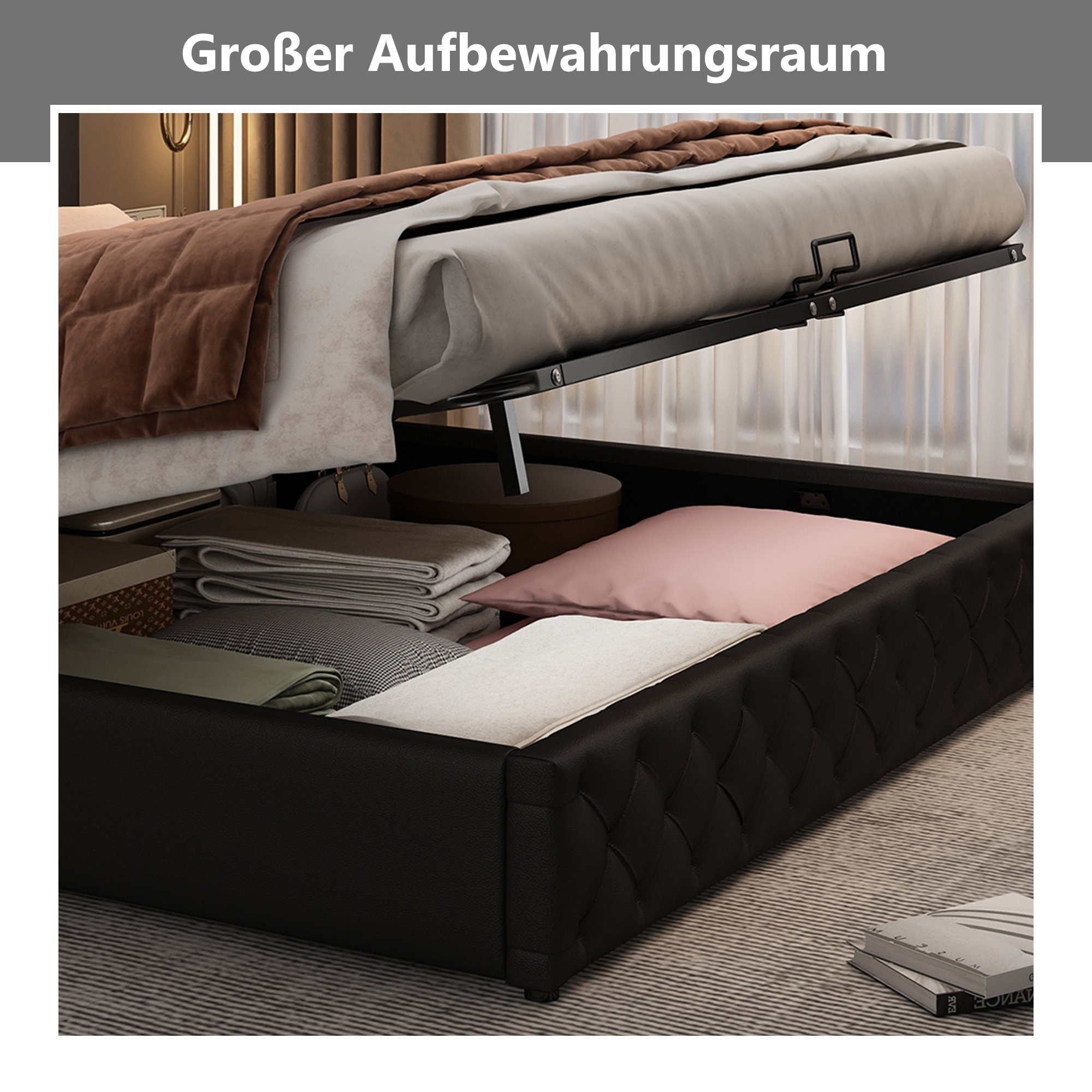 Boxspringbett (Hydraulisches Bett 180x200cm mit Bettkasten), Polsterbett mit LED-Beleuchtung, Kunstleder, weiches Kopfteil