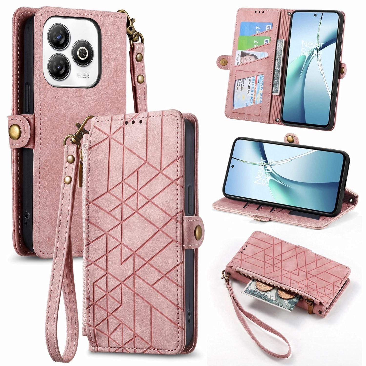 Wigento Handyhülle Für ZTE Blade A75 4G Design Kunstleder Zipper Book Wallet Tasche Rosa, Kartenfächer, Reißverschlussfach, Standfunktion